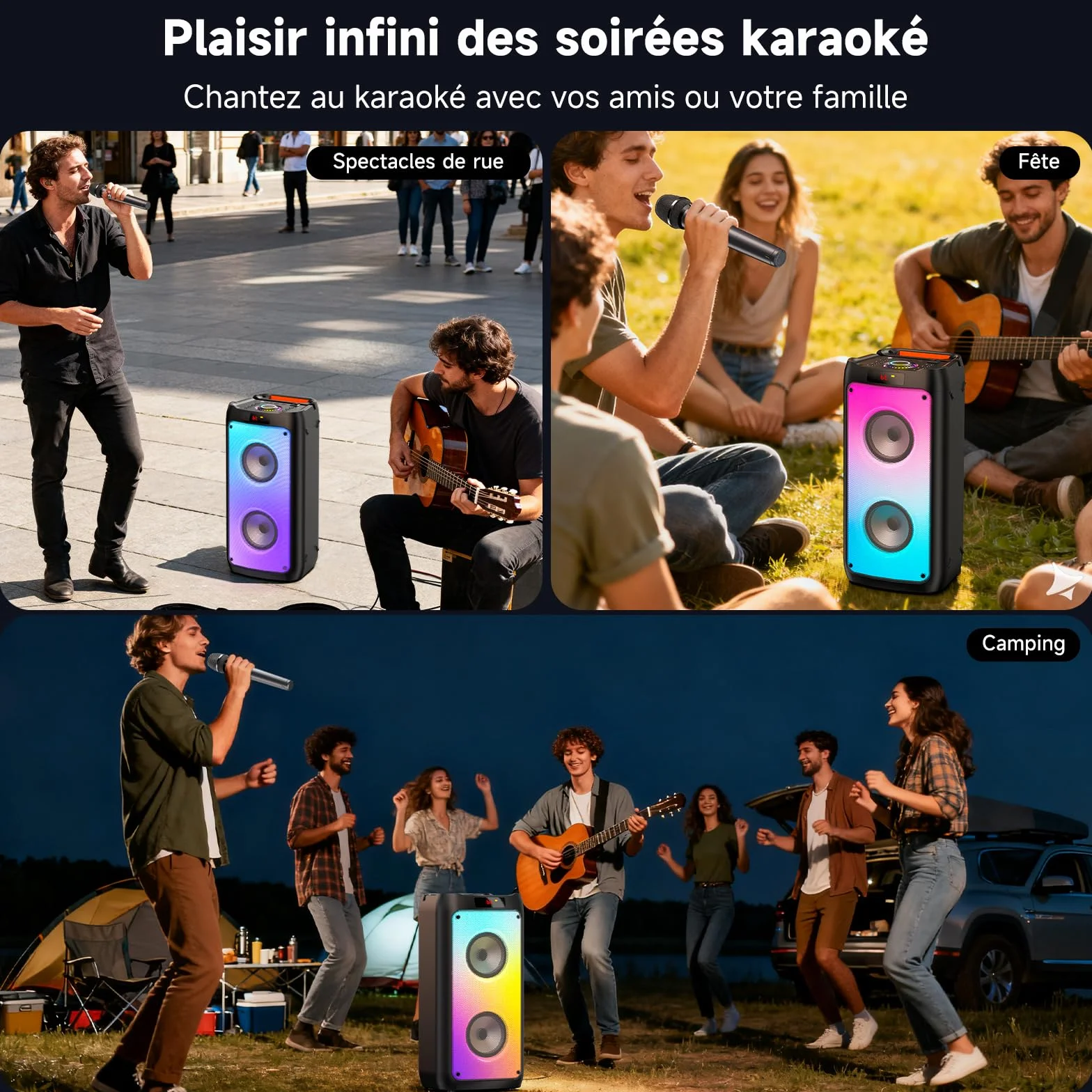 Enceinte Karaoké Bluetooth 5.3 150W avec 2 Micros sans Fil, Support Tablette et Lumière RVB, Noir
