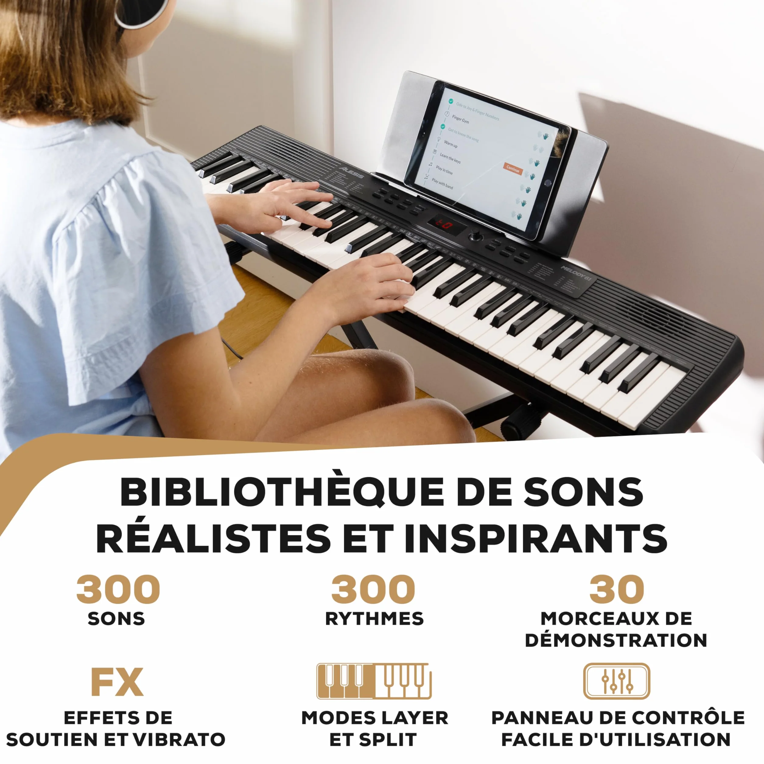 Alesis Melody 61 Piano Numérique 61 Touches pour Débutants avec Haut-Parleurs, Support, Banc, Casque, Pupitre, 300 Sons