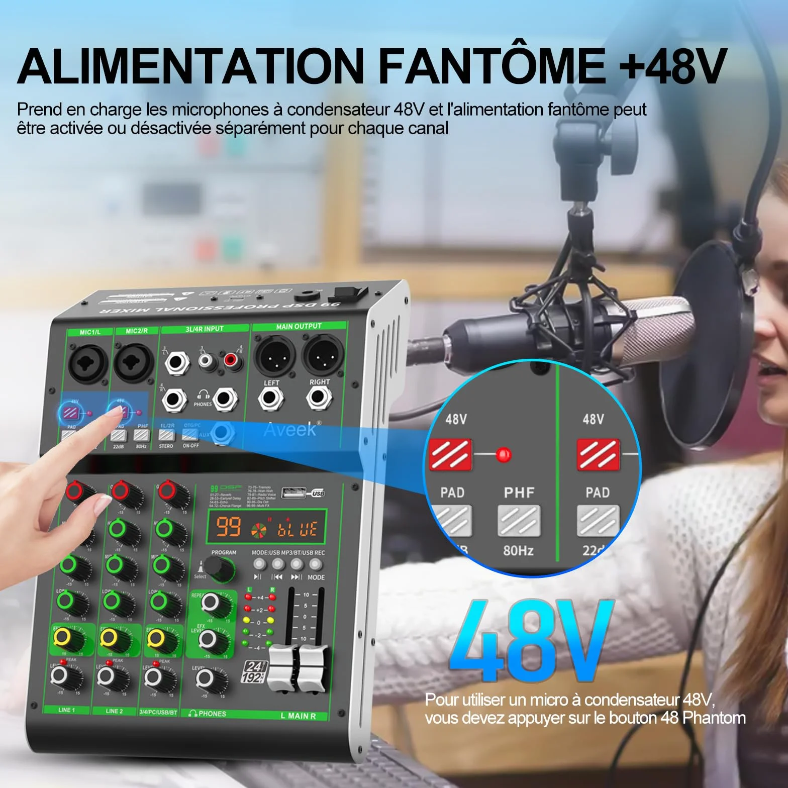 Aveek Table de Mixage Professionnelle 4 Canaux USB Bluetooth 48V Phantom Power 99 DSP Effect