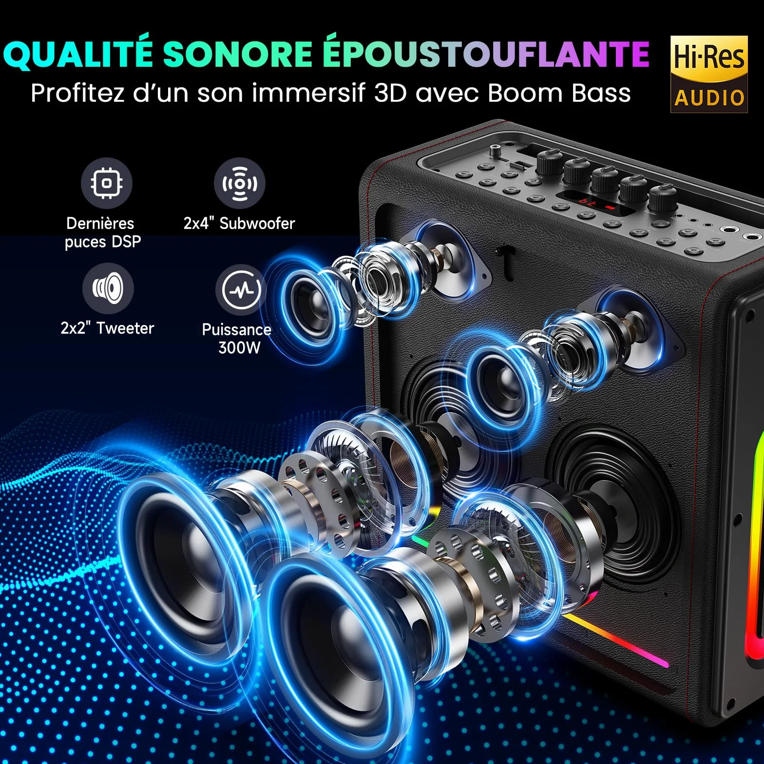 Machine Karaoke sans Fil 300W avec 2 Micros, LED, Autonomie 36h, Système PA TF/USB FM