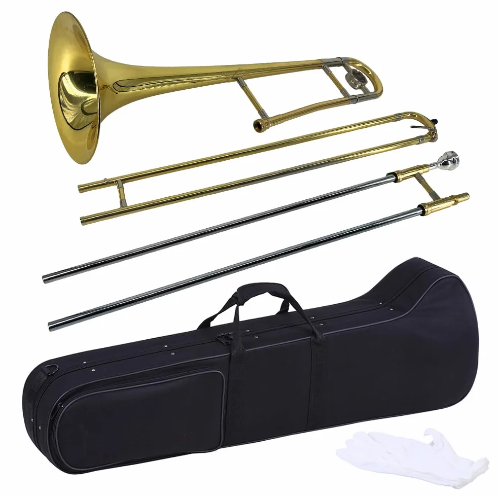 Trombone Bb en laiton doré laqué avec embouchure cuivre et nickel et étui de nettoyage