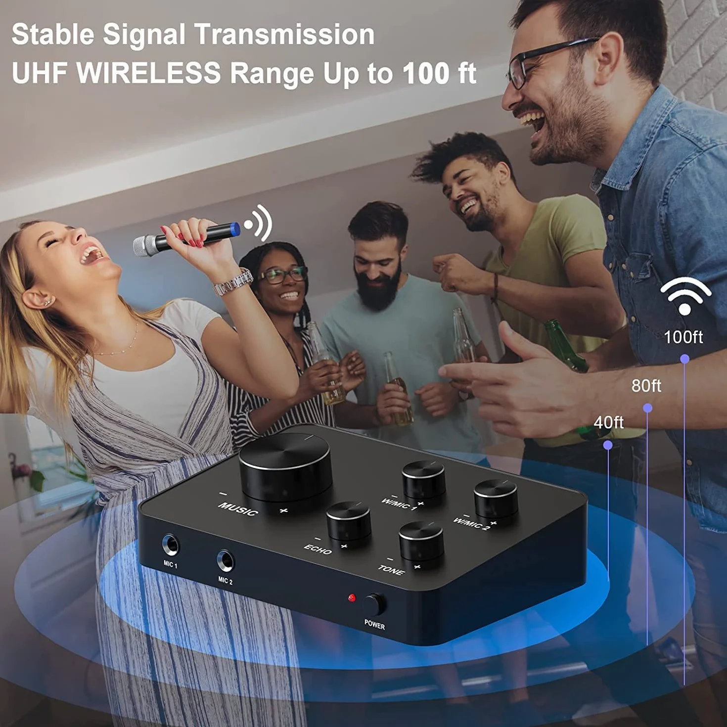Karaoke Micro sans Fil UHF Double Portable Bluetooth pour TV PC Fête DJ Haut-Parleur 100FT