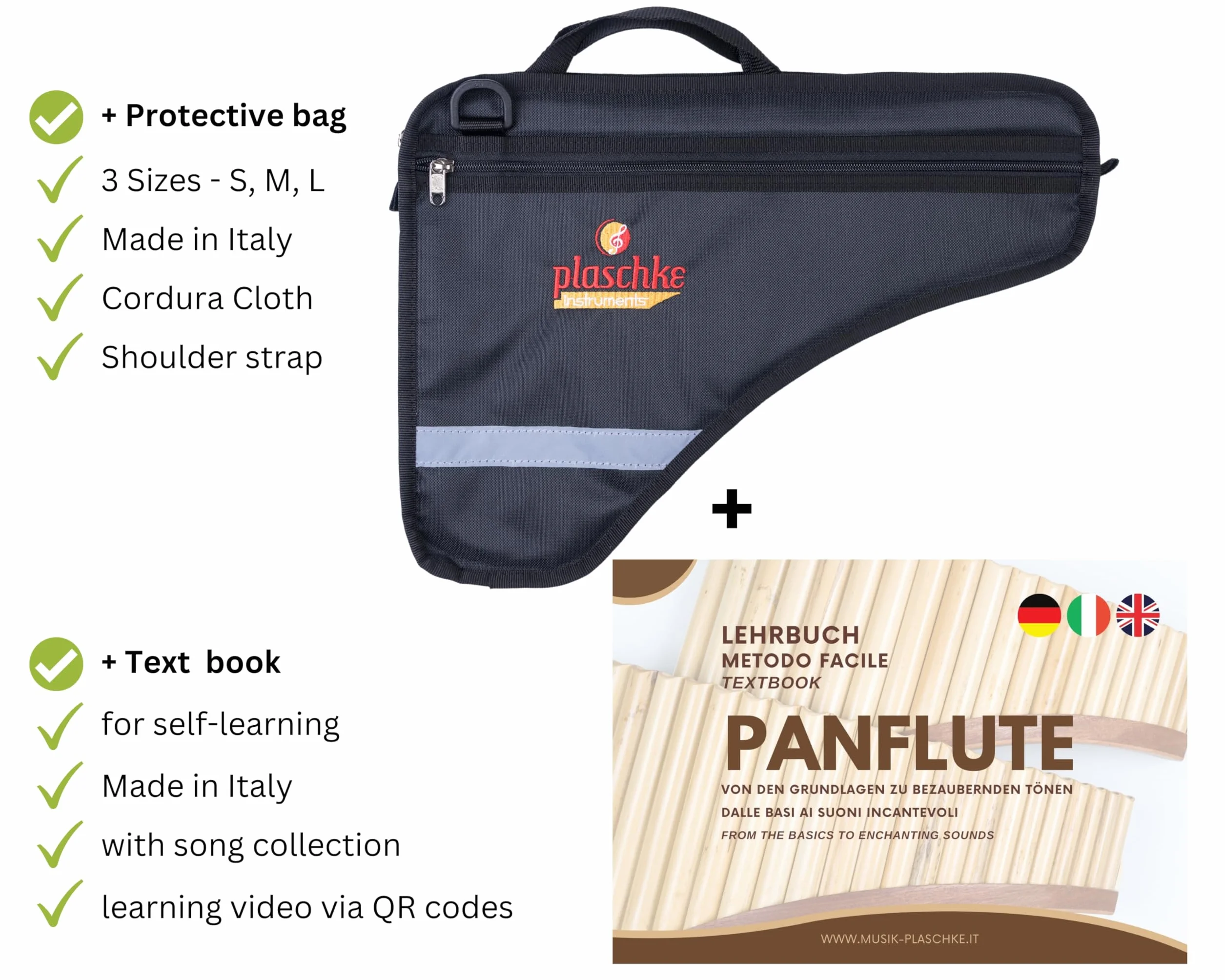 Plaschke Flûte de pan bambou 20 tubes Do majeur lanières bois étui livret fabriquée main