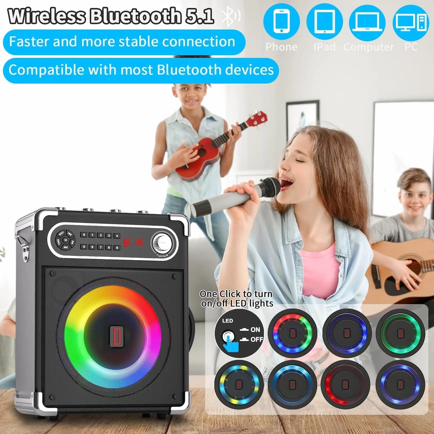 Karaoké avec 2 Microphones sans Fil, Enceinte Bluetooth 5.3 Portable avec Lumières LED, Système de Sonorisation