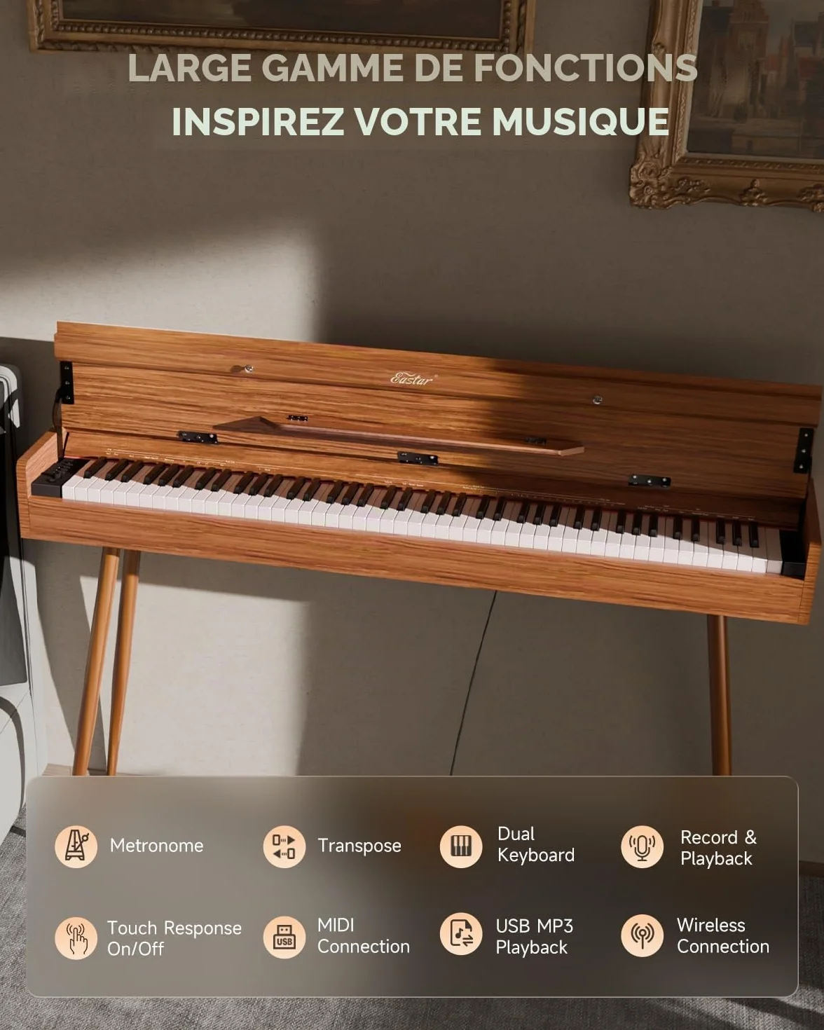 Eastar EUP-100 Piano Numérique 88 Touches, Clavier Lesté Débutant avec Housse, Casque, Pédalier, Sans Fil, MIDI