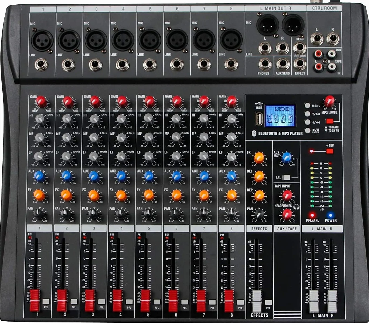 Depusheng DA8 Console de mixage audio professionnelle 8 canaux Bluetooth USB MP3 Alimentation fantôme 48V Noir