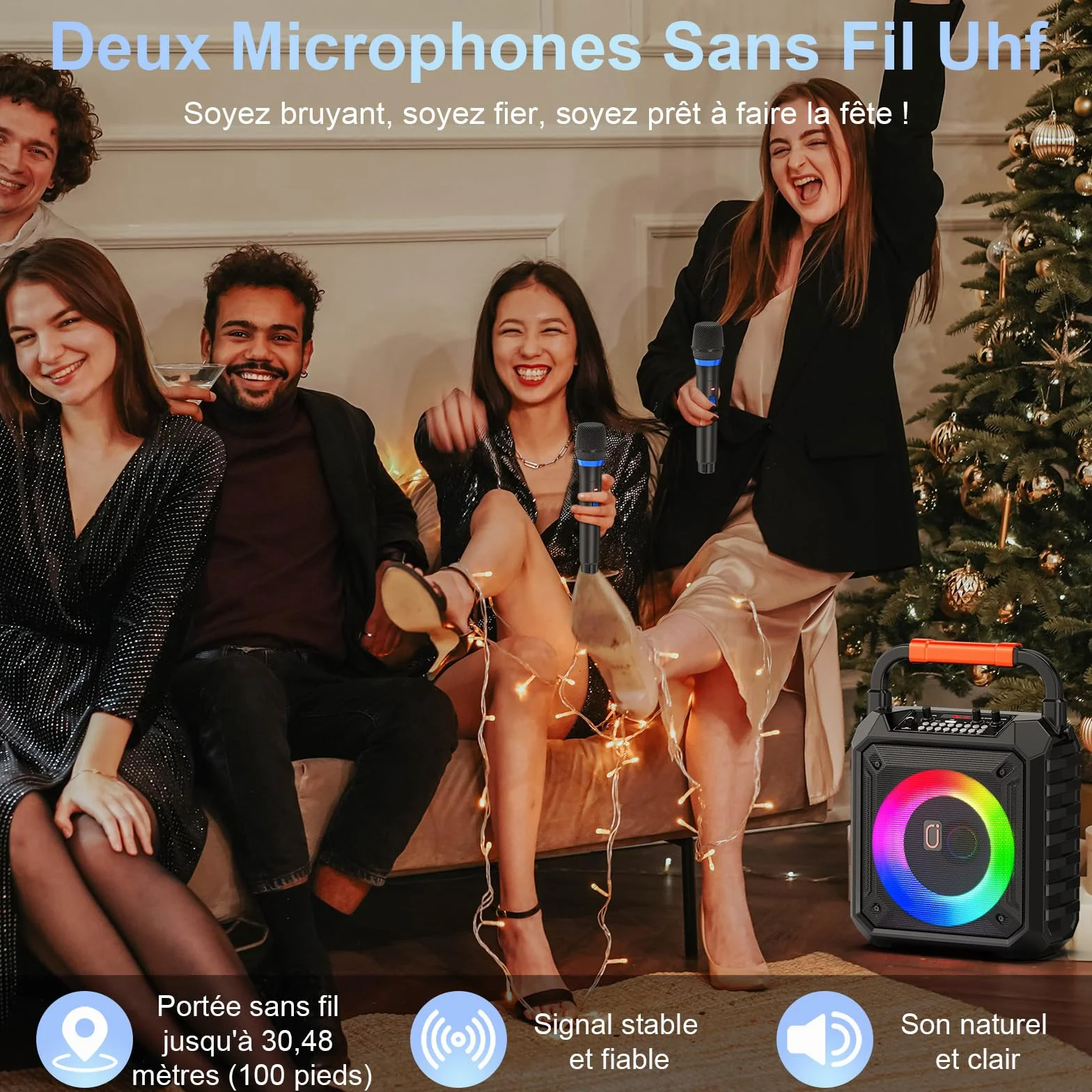Machine de Karaoké 80W Enceinte Bluetooth 2 Micro sans Fil REC AUX USB TF Portable Fêtes