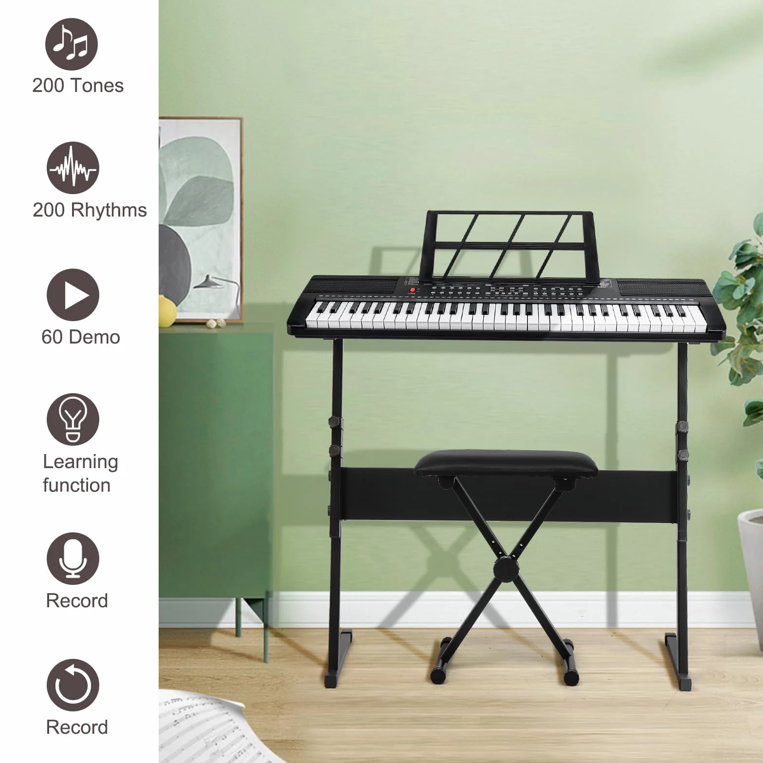 LEADZM Piano Numérique 61 Touches avec Support, Banc, Pupitre, Casque, Microphone, Écran LED, 3 Modes d'Apprentissage pour Débutants Noir