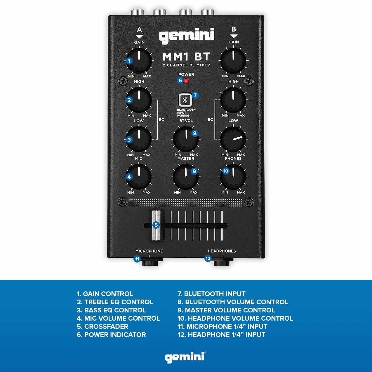 Gemini Sound MM1BT Bluetooth DJ Podcast Mixer avec CrossFader et Contrôle de Gain