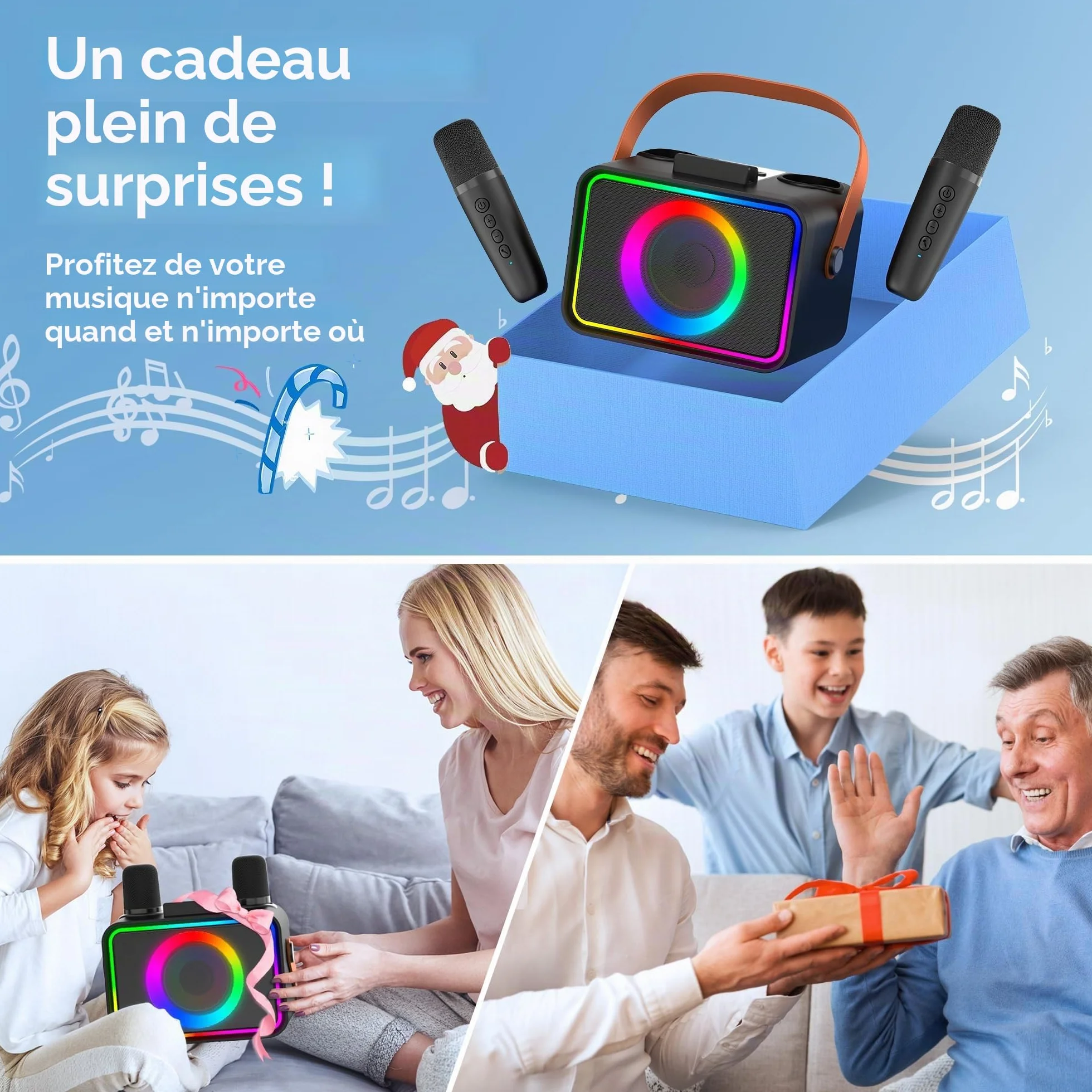 Machine de karaoké Bluetooth portable avec 2 microphones et lumières Disco