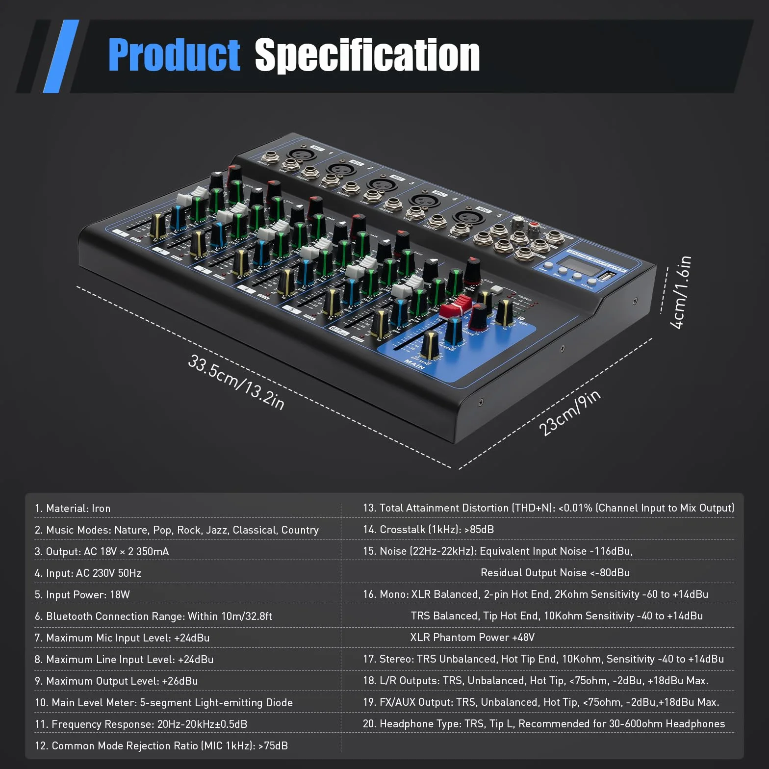 Table de mixage 7 canaux USB entrée micro 2 enregistreur audio