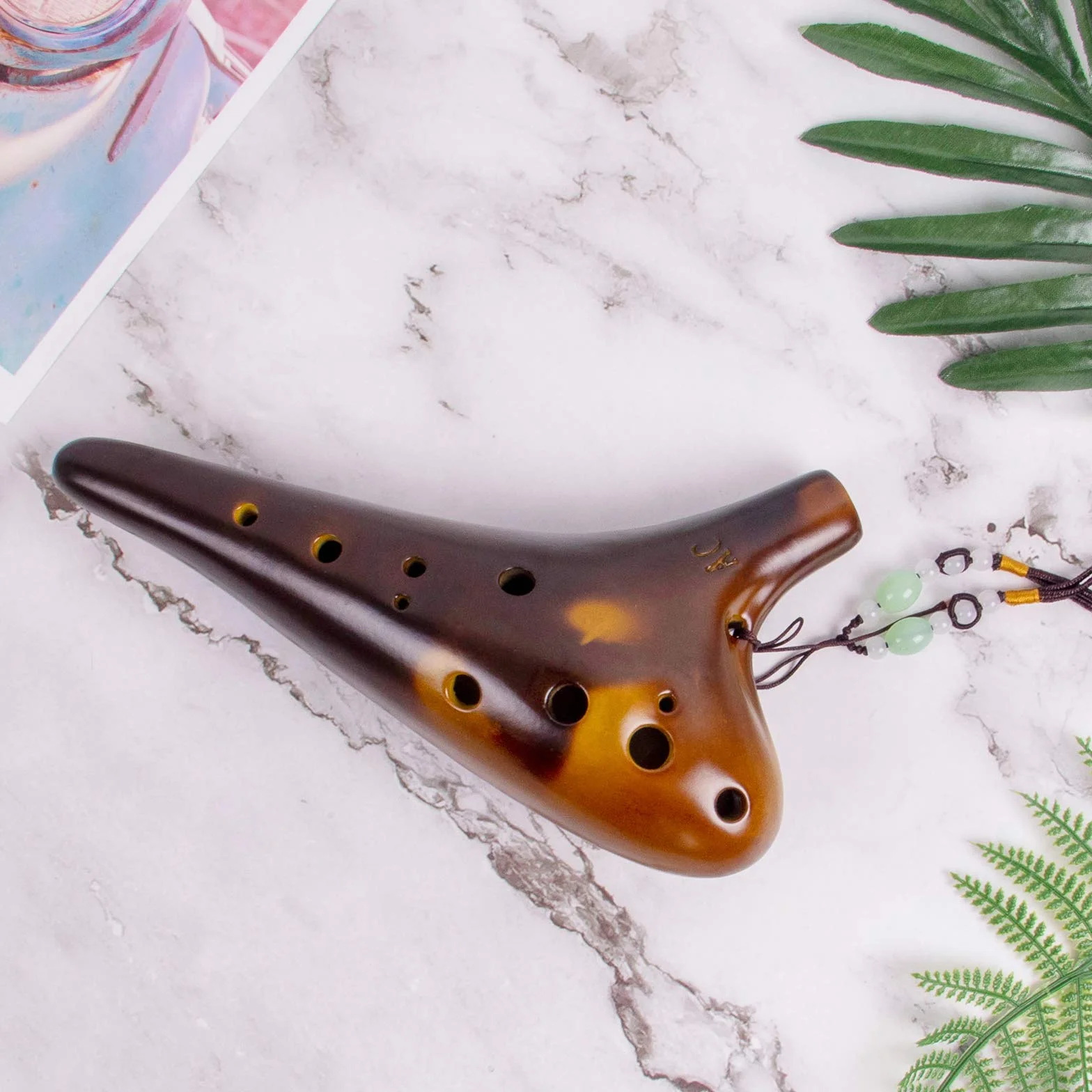 Ocarina 12 trous Alto C Céramique avec sac de transport et livre de musique (Marron)