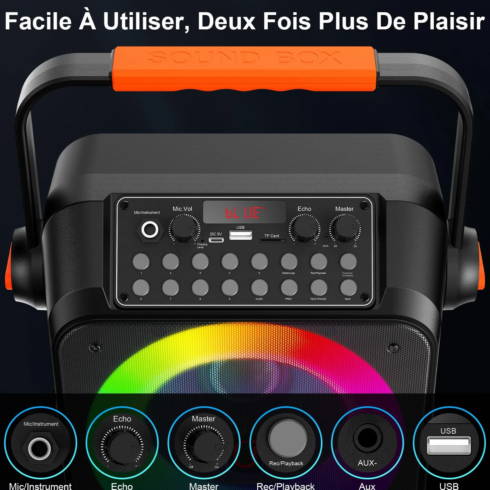 Karaoke Adulte Bluetooth 5.3 avec 2 Microphones, 80W Enceinte Portable LED