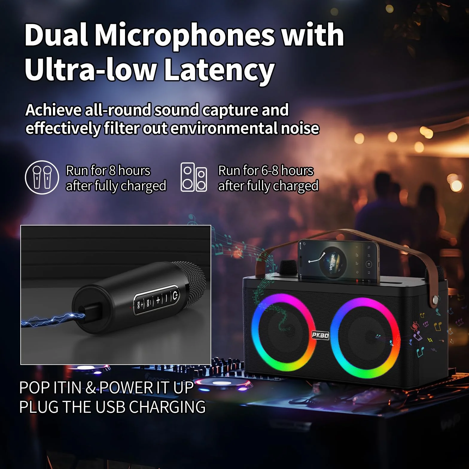 PKBD Machine de Karaoké Portable avec 2 Microphones sans Fil et Lumières LED