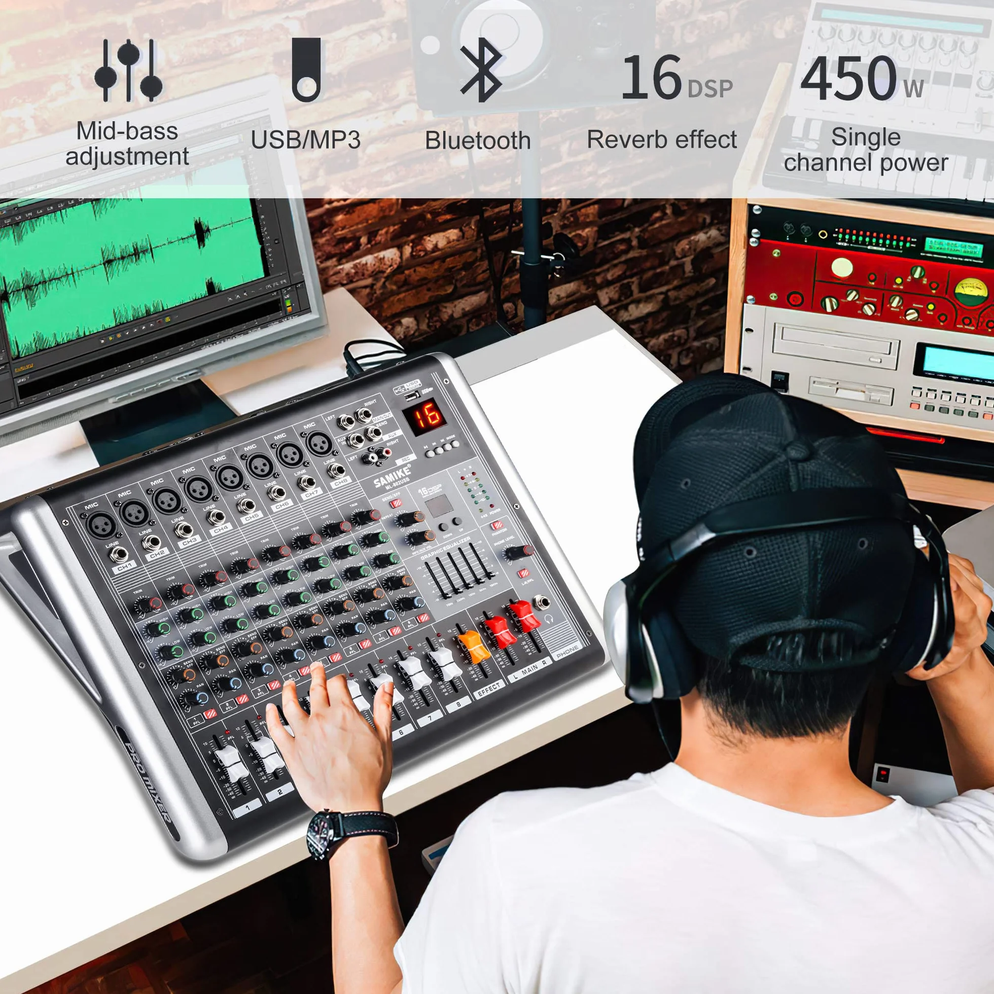 Table de Mixage Audio Professionnelle 8 Canaux 2 x 300W 48V Alimentation Fantôme Bluetooth MP3
