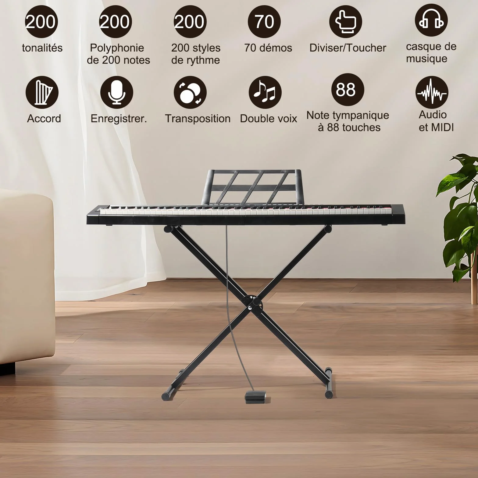 LEADZM Piano Numérique Semi-Marteau 88 Touches, Clavier Électronique avec Pédale Sustain, MIDI, Pupitre, Écouteurs Noir