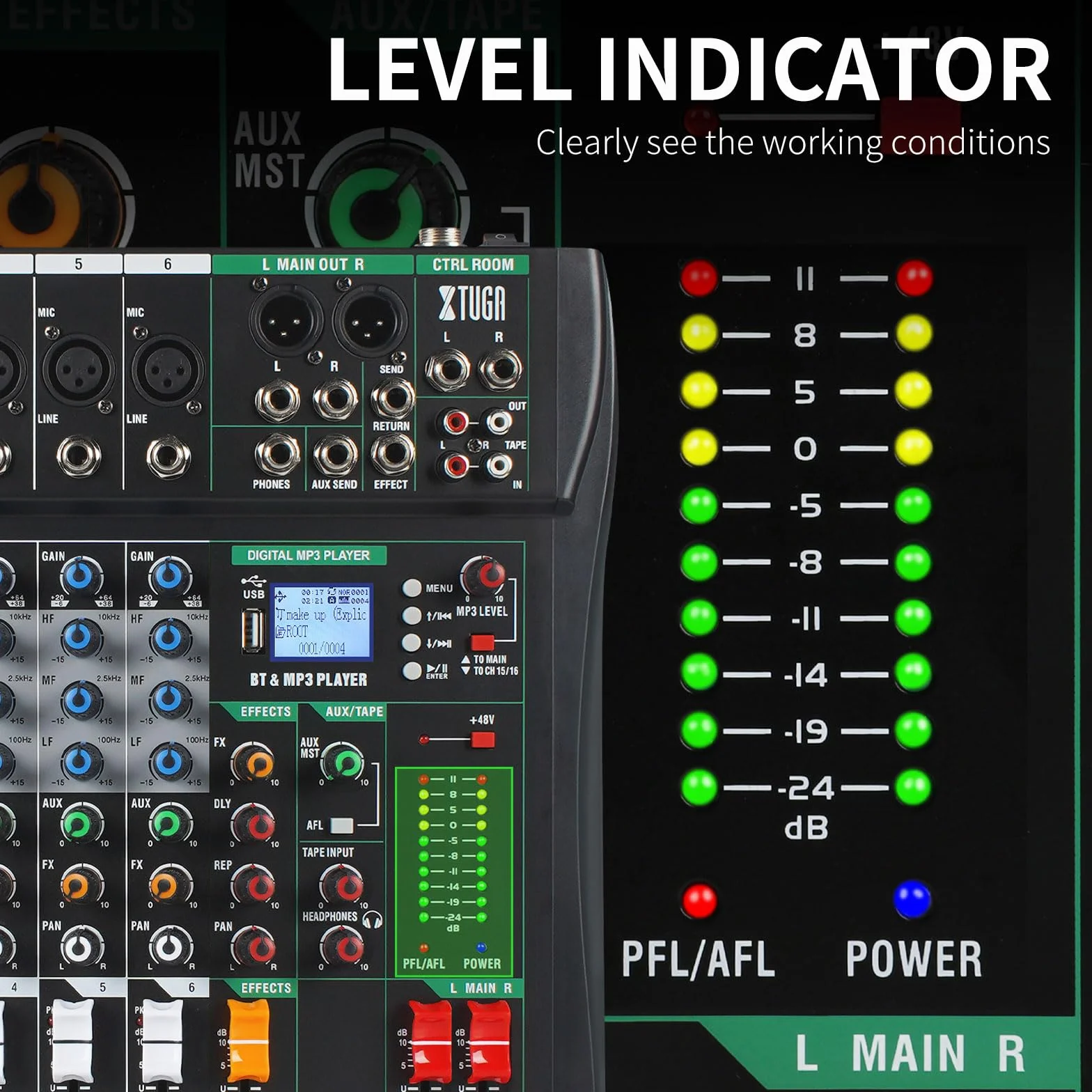 XTUGA CT60 Table de mixage audio 6 canaux avec effet numérique, alimentation fantôme 48V, entrée RCA XLR