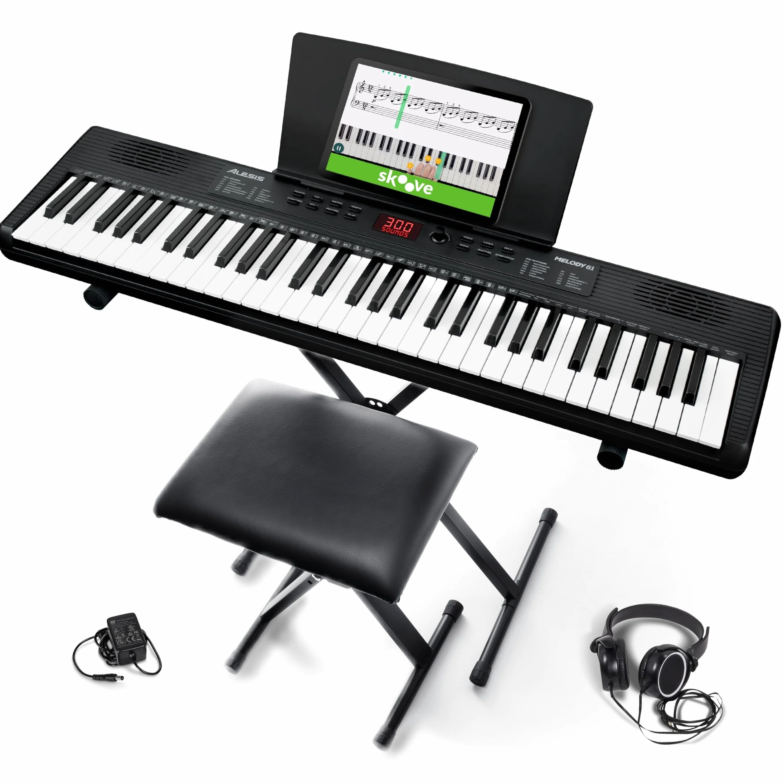 Alesis Melody 61 Piano Numérique 61 Touches pour Débutants avec Haut-Parleurs, Support, Banc, Casque, Pupitre, 300 Sons