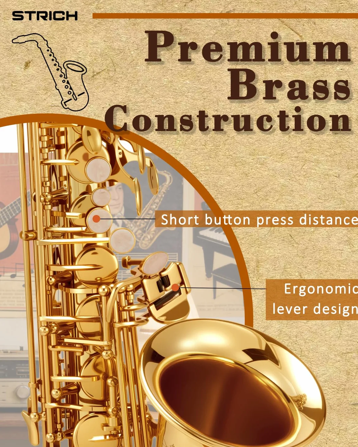 STRICH SSA-31 Kit de saxophone alto en cuivre pour débutants avec sangle, bec et anches