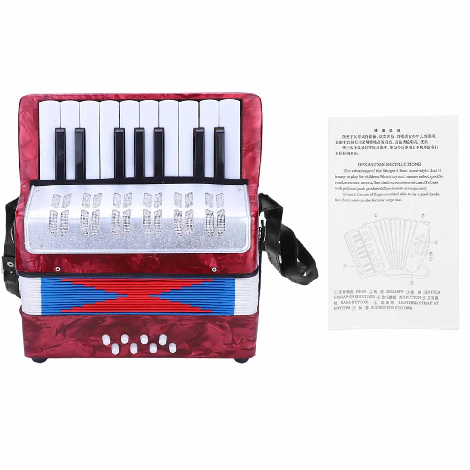 Accordéon Celluloïd 17 Touches 8 Basses pour Débutants Adultes, Portable avec Sangle Réglable