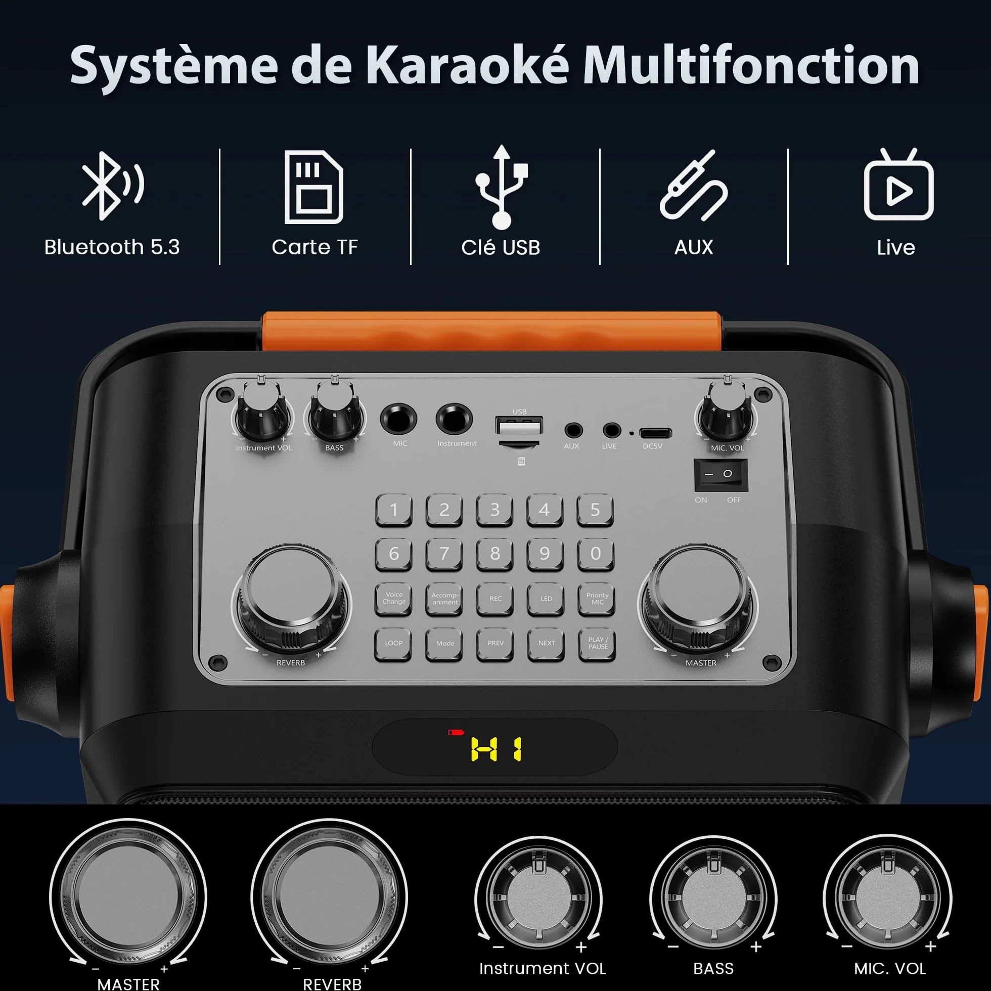 Machine de Karaoké Professionnel 80W avec 2 Microphones sans Fil, TWS Stéréo, 4 Mode Égaliseur Intégré, Support REC/AUX/USB/TF