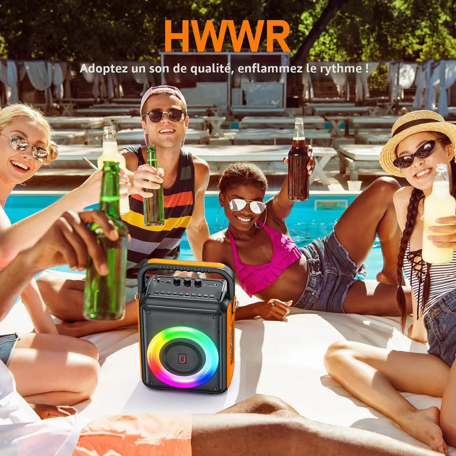 Machine de karaoké HWWR avec 2 microphones, haut-parleur Bluetooth portable, lumières LED, TWS/Rec/AUX/USB/TF