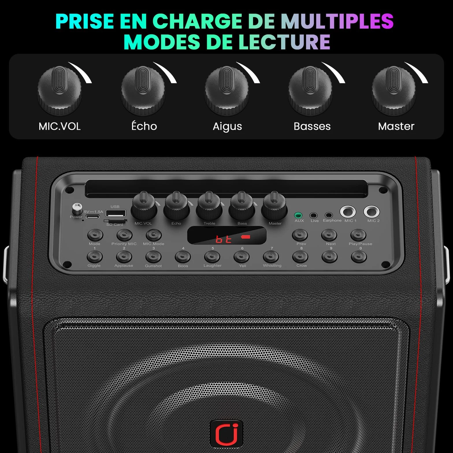 Machine Karaoke sans Fil 300W avec 2 Micros, LED, Autonomie 36h, Système PA TF/USB FM