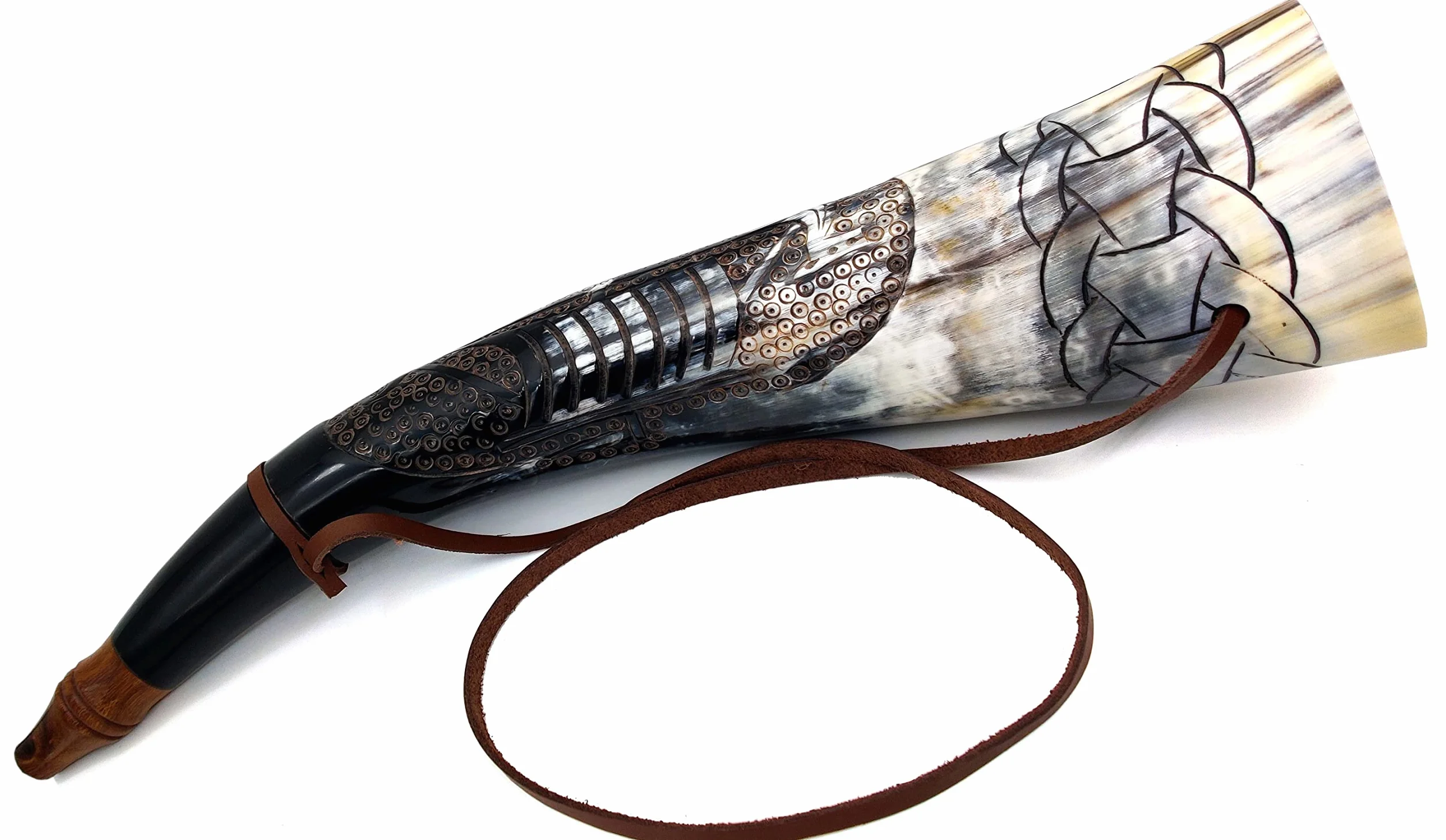 Corne de guerre Viking 40,6 cm – Trompette de combat authentique en corne de bœuf gravée à la main – Corne nordique antique avec support