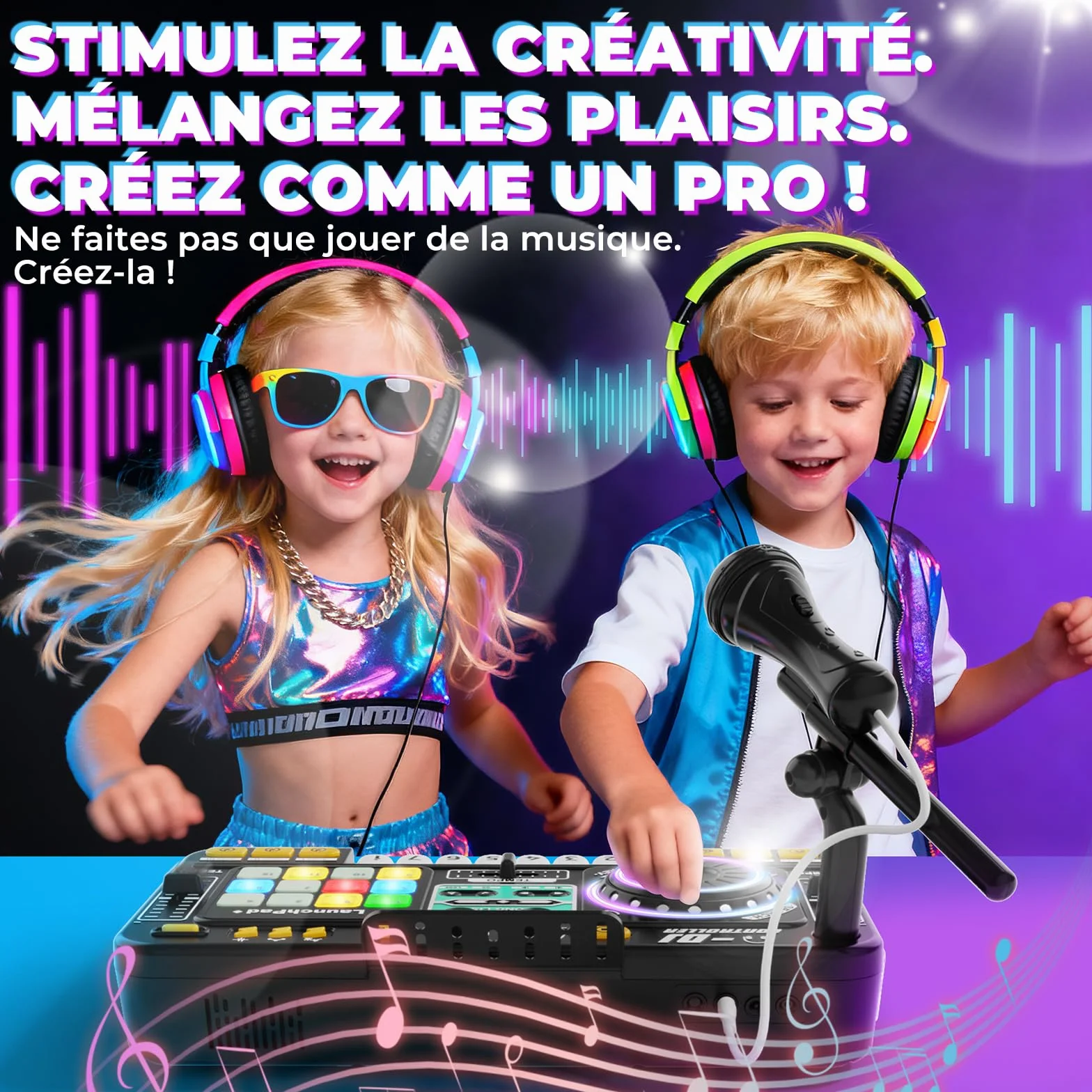 Table de mixage DJ pour enfants 3-10 ans avec microphone, 100 effets sonores, batterie, cadeau débutant garçon fille