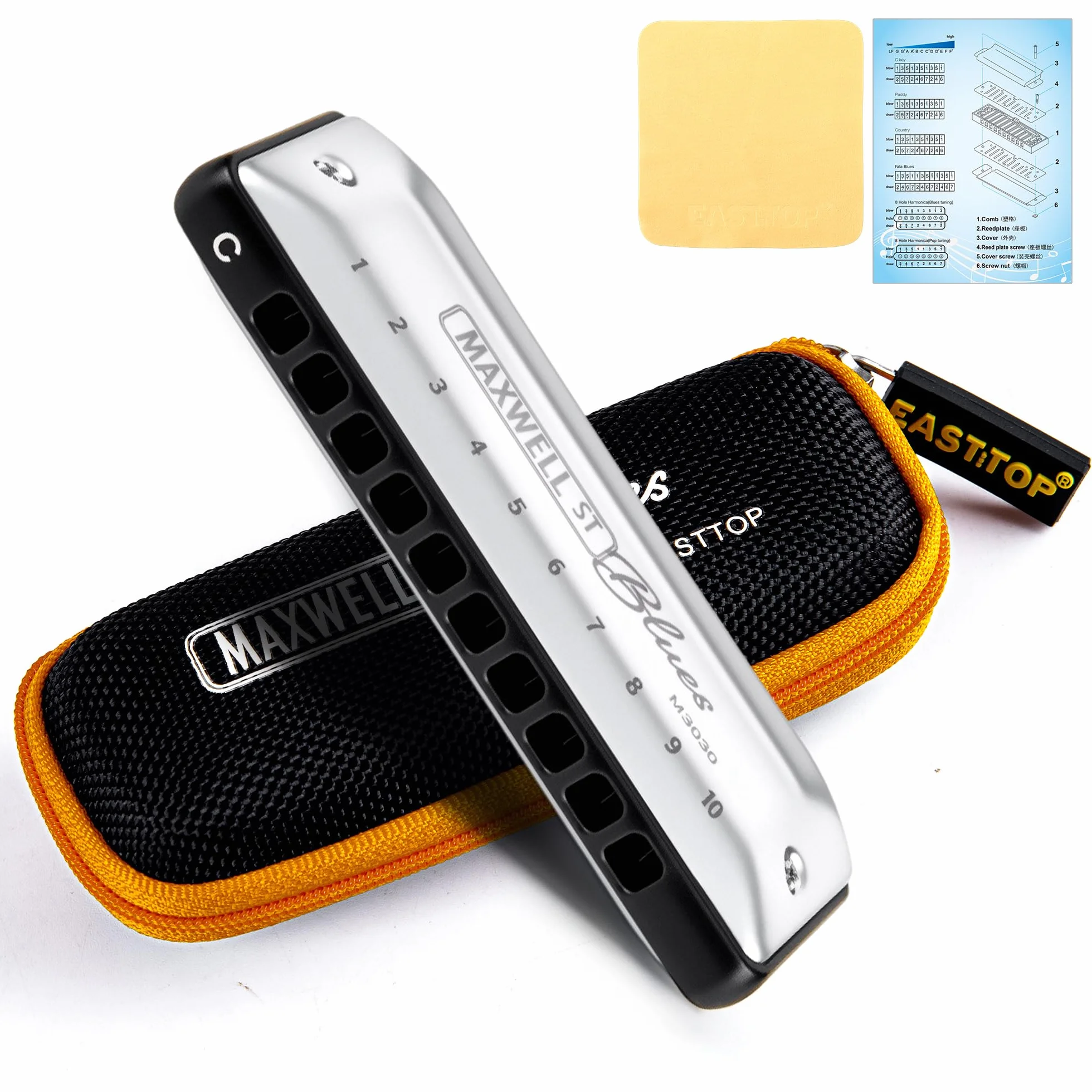 East Top Harmonica 10 trous Blues Mouth Orgue couverture argentée pour adultes professionnels étudiants