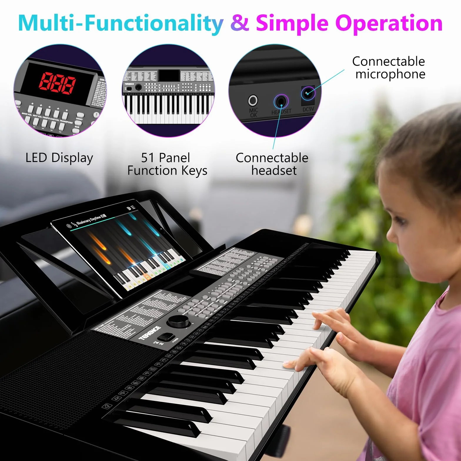 TERENCE Piano Numérique 61 Touches Double Haut-parleur HiFi Clavier LED 2 Options d'alimentation