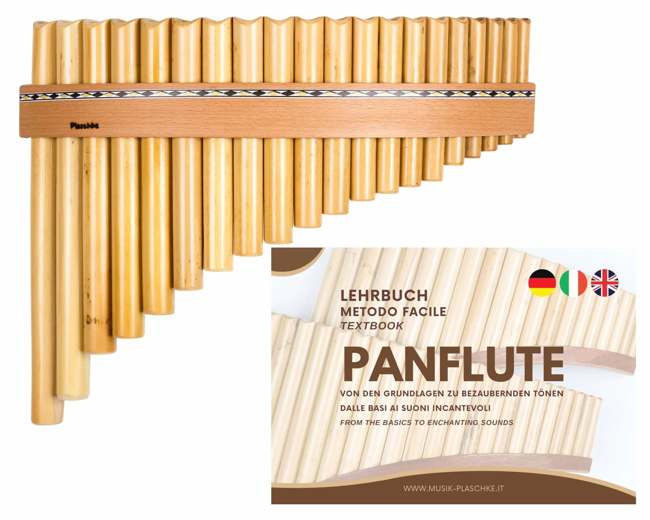 Flûte de pan en bambou avec 20 tubes, lanières en bois, étui et livret - Fabriquée à la main - Tyrol du Sud / Italie