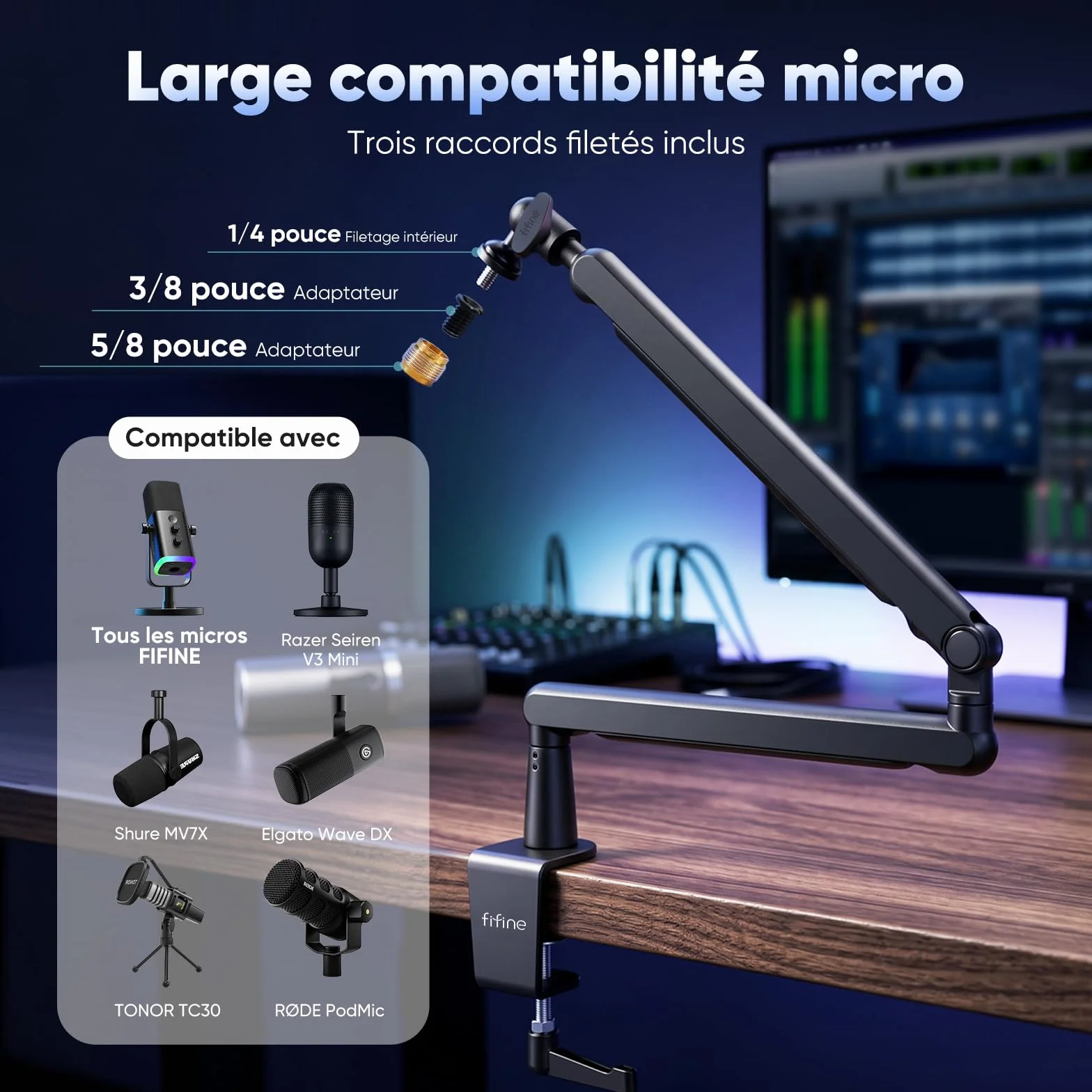 FIFINE Bras de Micro, Support Microphone avec Pince de Bureau, Adaptateur Vis, Gestion Câbles pour Podcast Streaming Studio Gaming