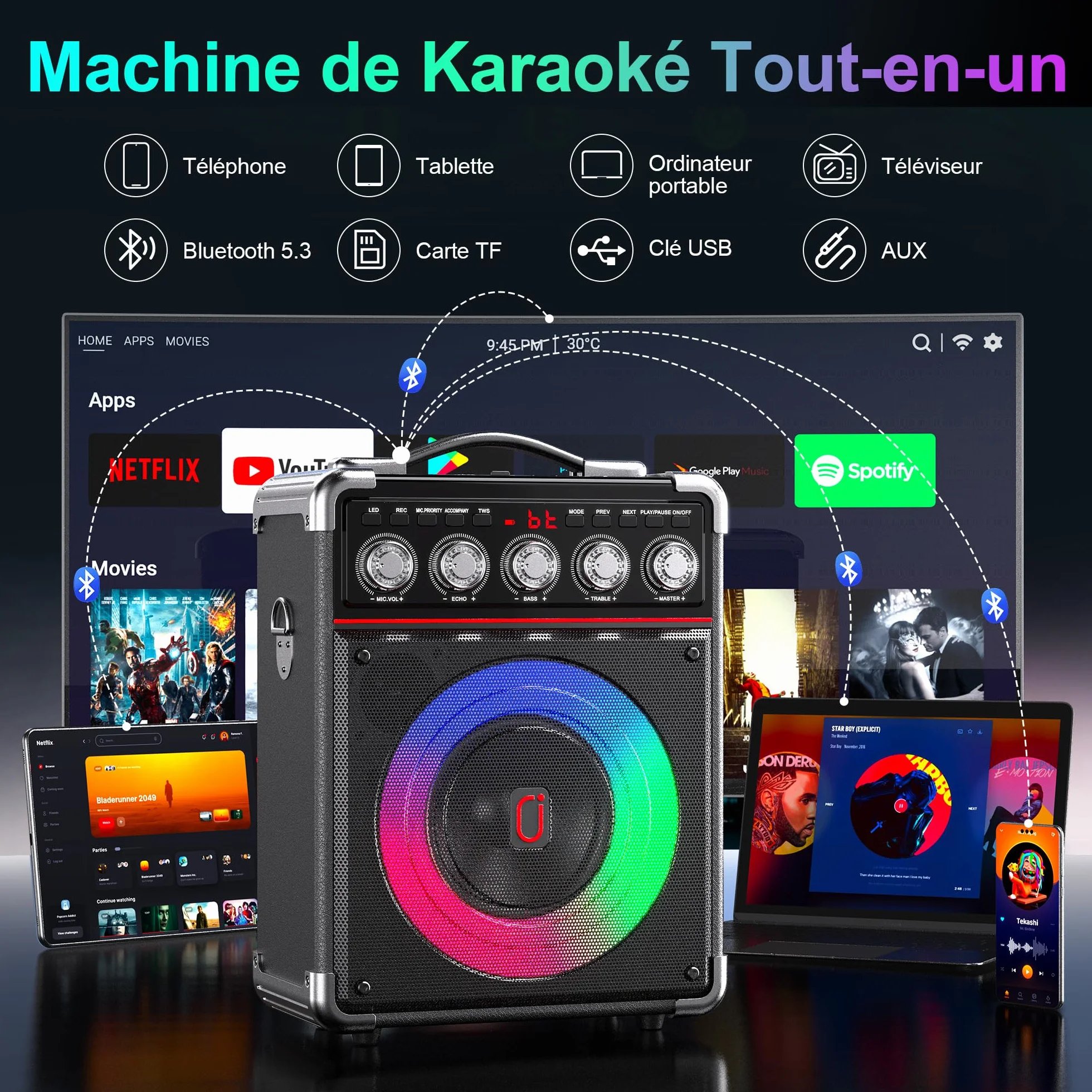 JYX Enceinte Karaoke 100W sans Fil Autonomie 24h DSP Bicœur