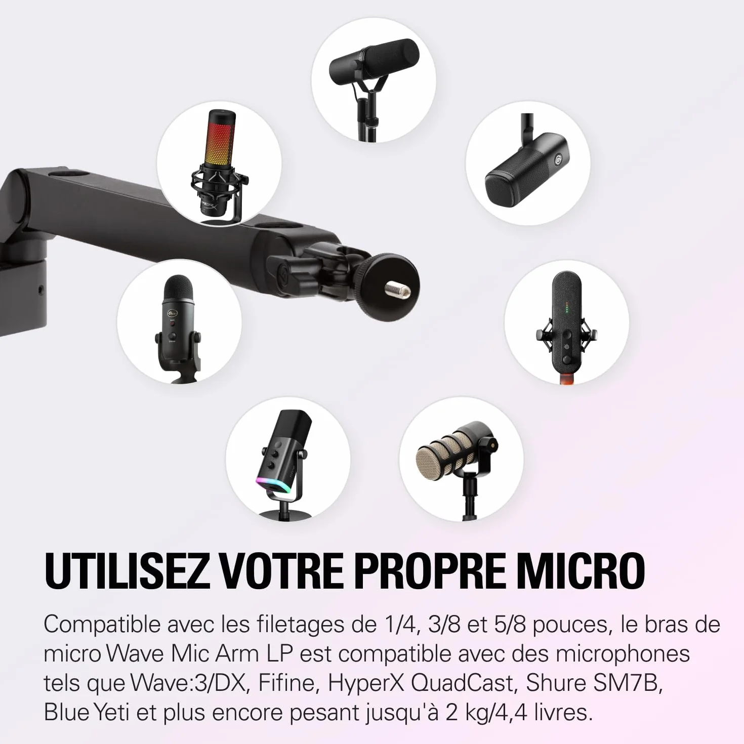 Elgato Wave Mic Arm LP - Perche micro compacte avec passe-câbles, pince bureau, réglable pour podcast streaming jeu