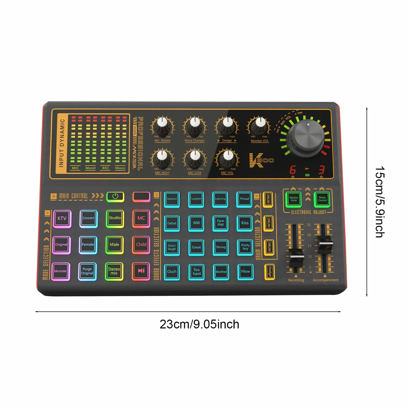 Docooler K300 Carte son DJ avec effets de mixage, modificateur de voix et lumière LED pour streaming