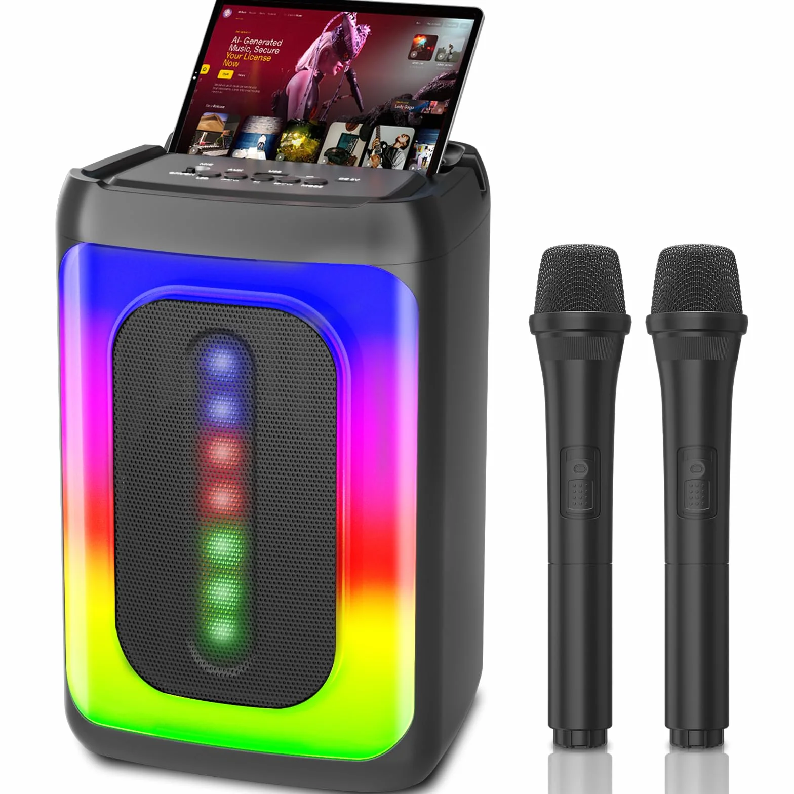 Ankuka Enceinte Bluetooth Karaoké Portable avec 2 Microphones, Lumières LED, TF/USB, FM, Aux, TWS, Noir