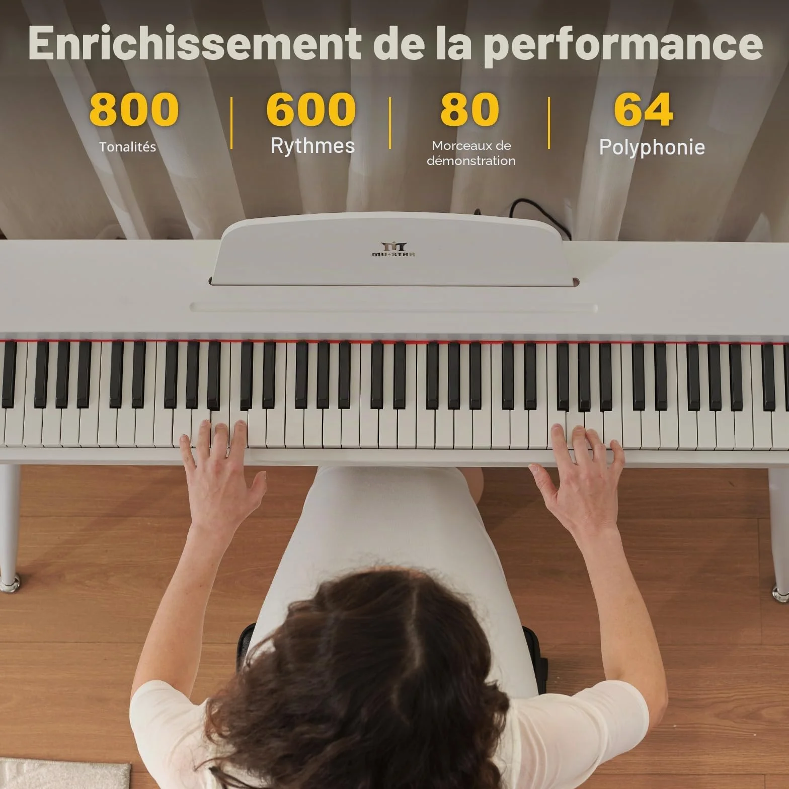 MUSTAR Piano numérique 88 touches taille complète avec 3 pédales, portable, MIDI-USB, support, blanc