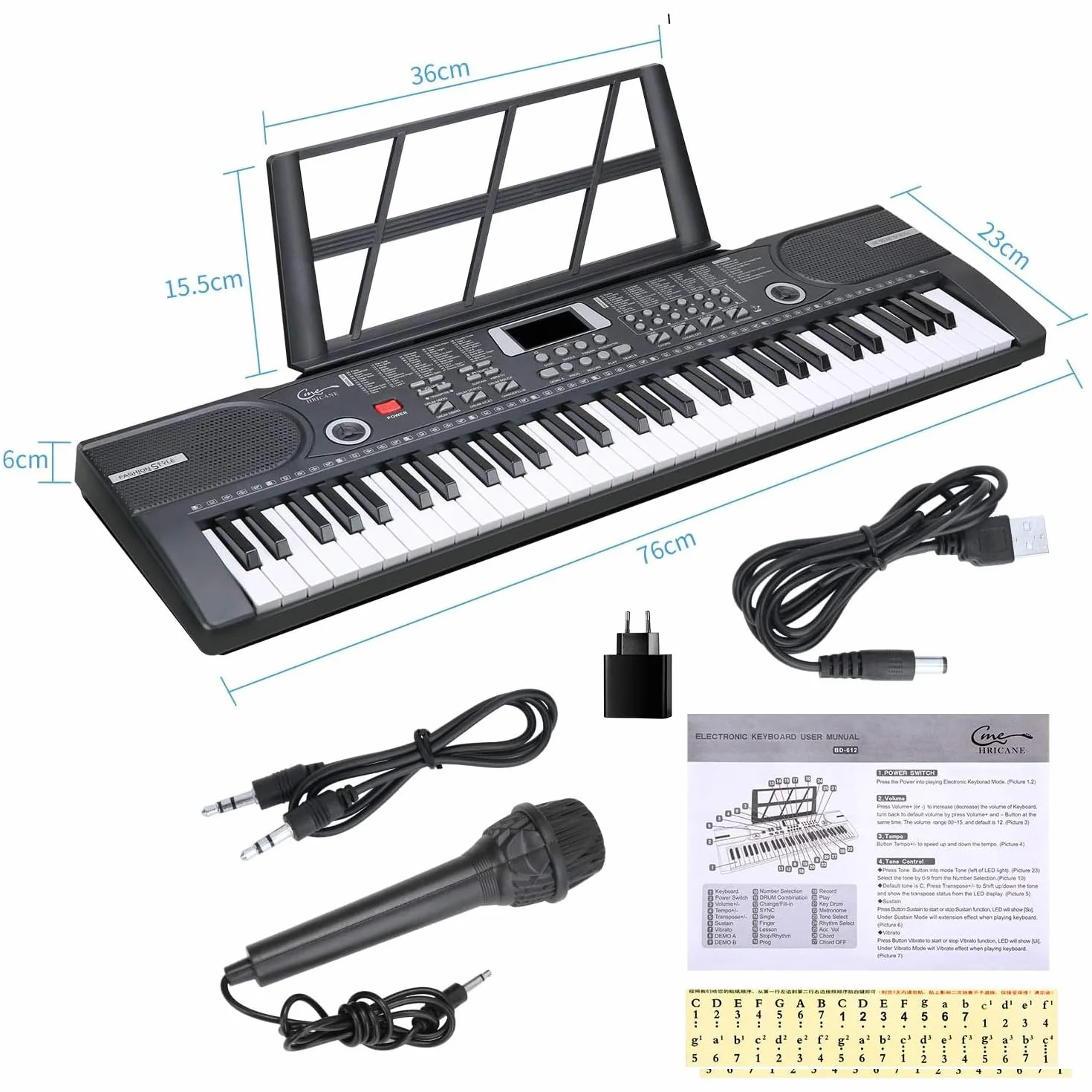 Clavier électronique 61 touches portable pour enfants avec microphone, pupitre (noir)