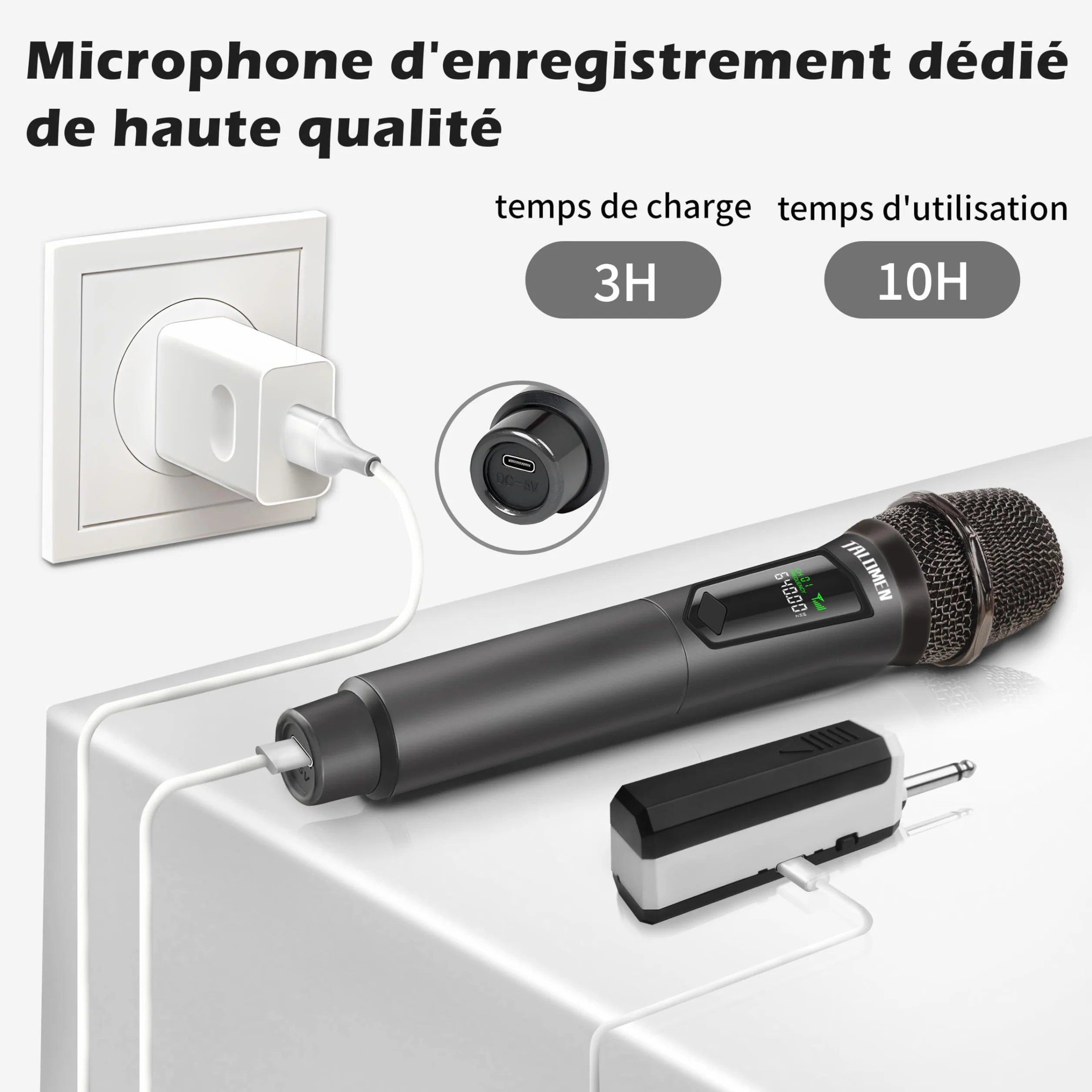 Talomen Microphone sans fil professionnel 2.4 GHz système dual micro dynamique rechargeable avec récepteur 160ft K60-2