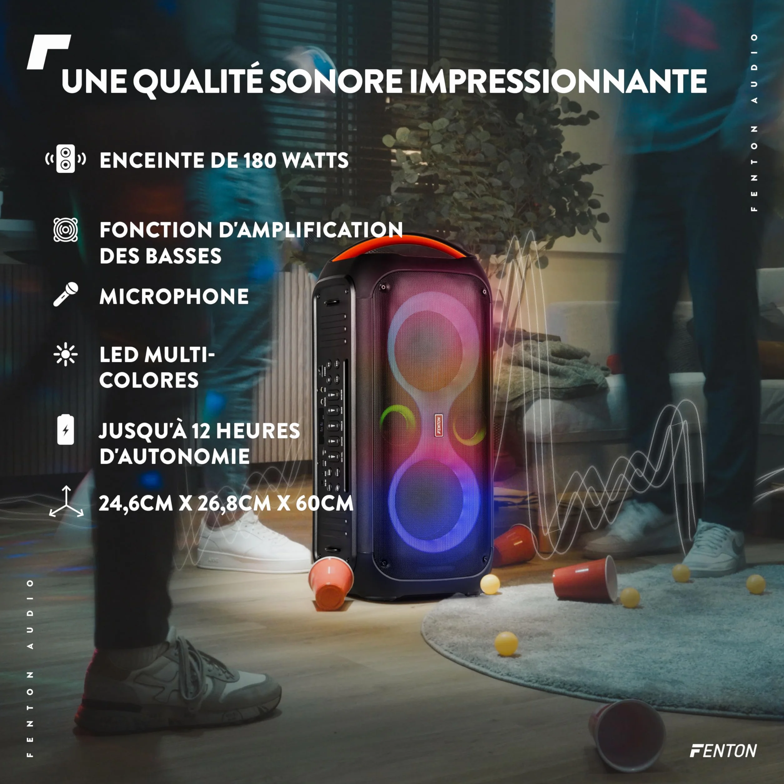 Fenton Core120 Enceinte Sono Portable Lumineuse 180W Autonomie 12H Micro Télécommande