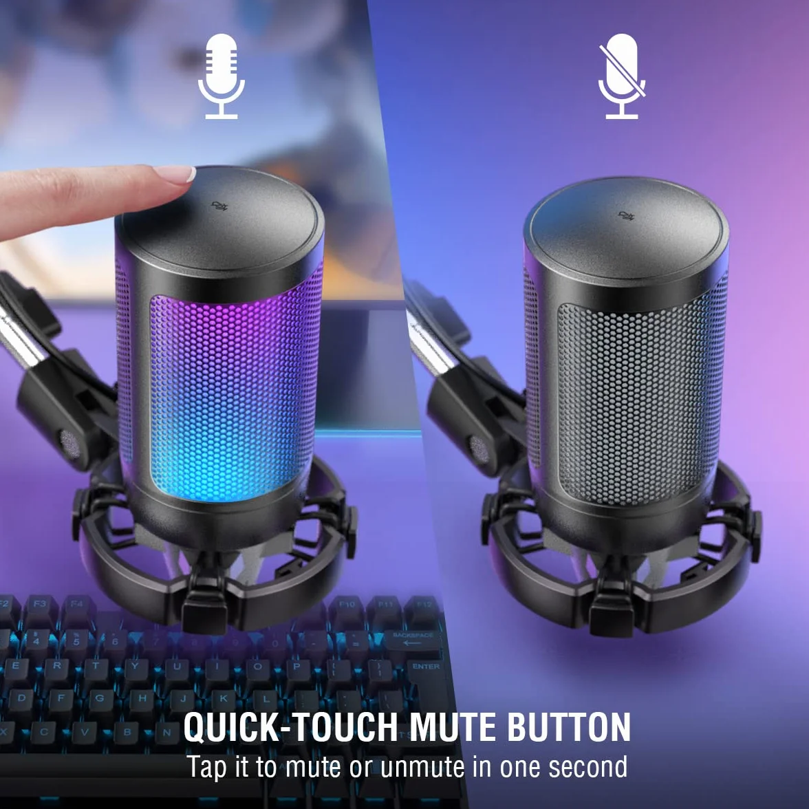 FIFINE USB Micro Gaming avec Bras pour PC PS4 PS5, Condensateur Microphone Streaming Podcast Studio, Bouton Silence, Fixation Antichoc, Support Micro, Filtre Anti-Pop, RGB