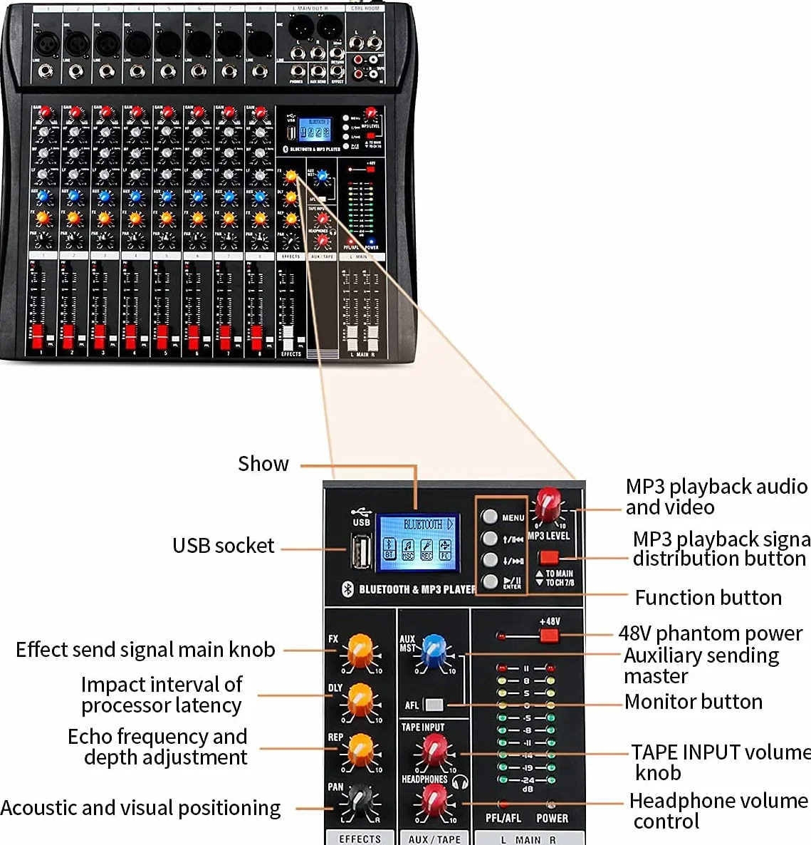 Depusheng DA8 Console de mixage audio professionnelle 8 canaux Bluetooth USB MP3 Alimentation fantôme 48V Noir