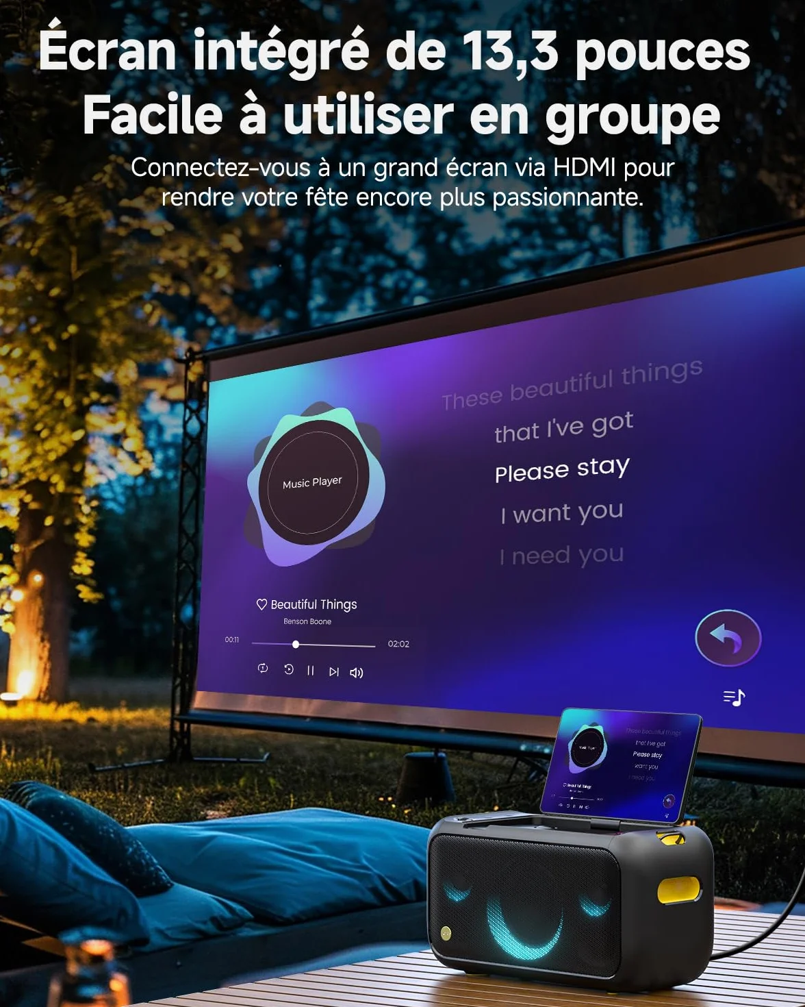 Ikarao Break X1 Machine de Karaoké avec Écran Tactile 13,3", Enceinte Bluetooth 800W, 2 Micros sans Fil et Éclairage LED