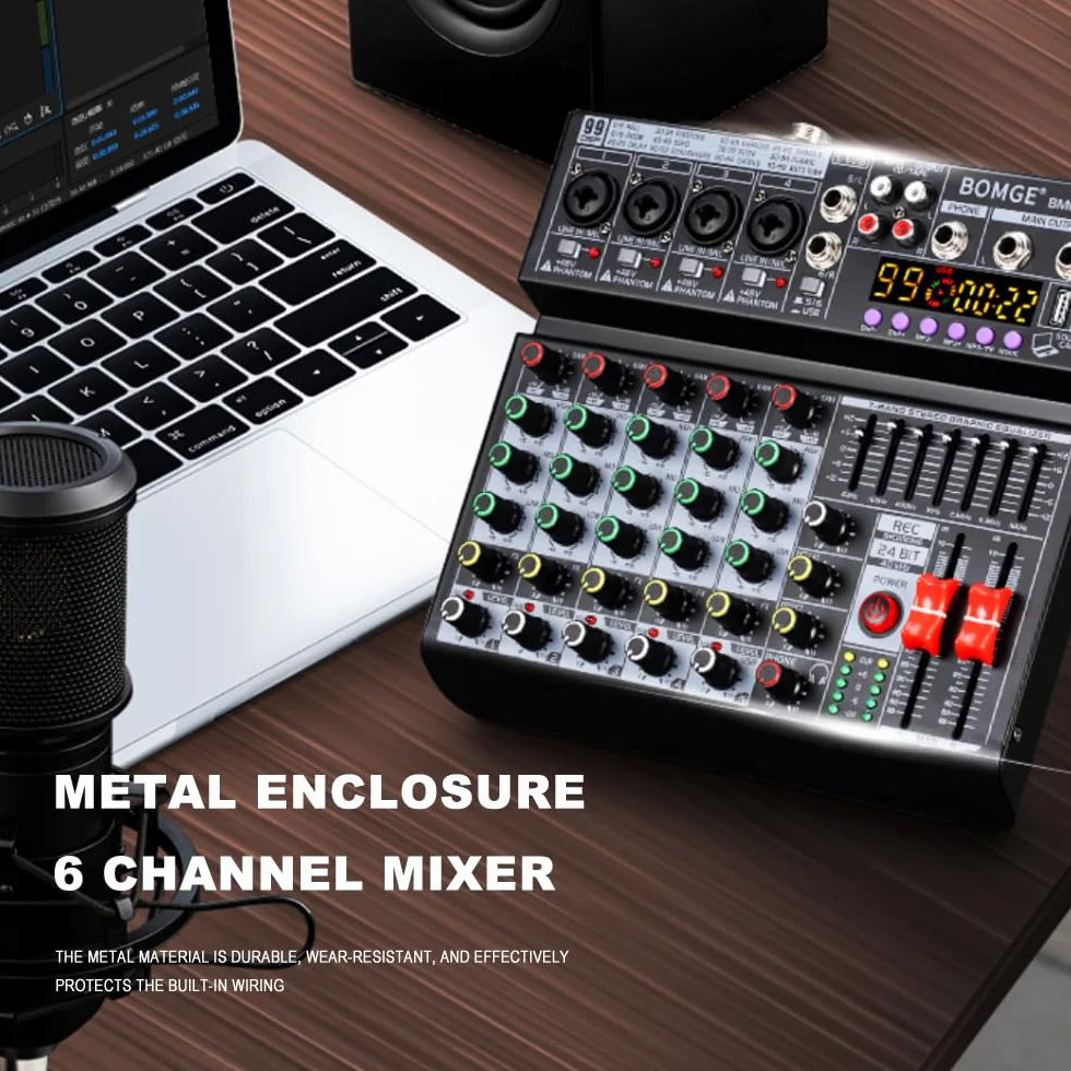 BOMGE Mixeur audio DJ professionnel 6 canaux 99 effets DSP égaliseur 7 bandes 48V Bluetooth USB enregistrement studio
