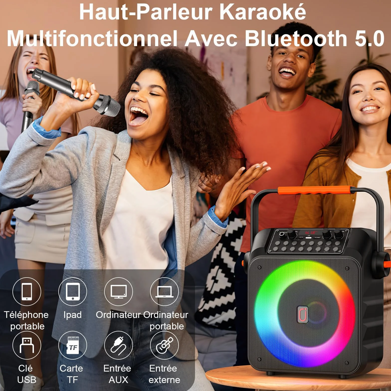 Karaoke Adulte Bluetooth 5.3 avec 2 Microphones, 80W Enceinte Portable LED