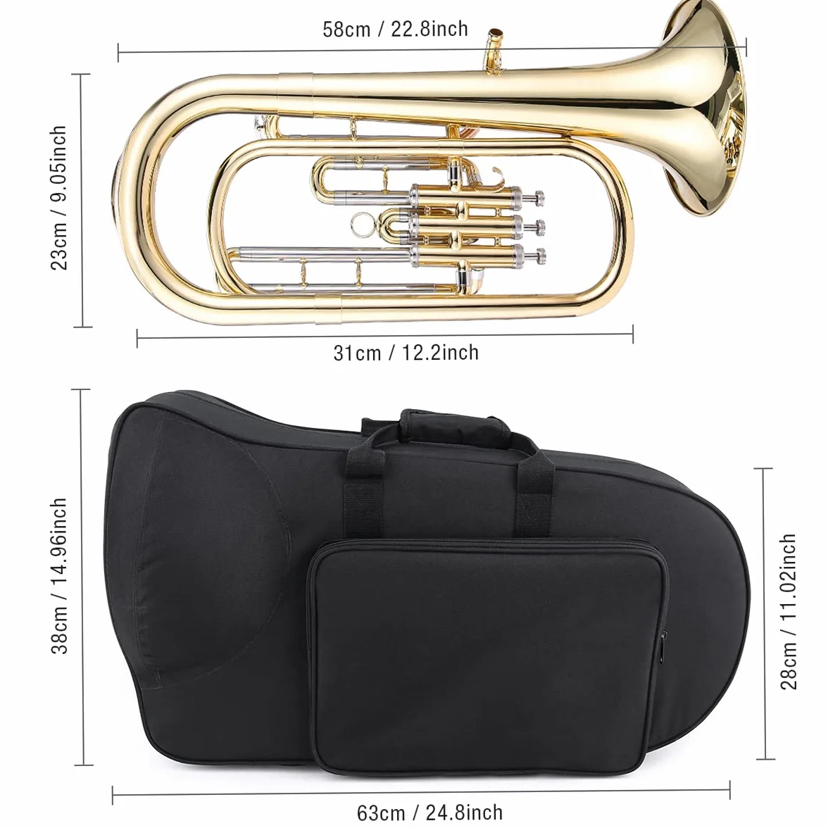 Barytonhorn Bb Brass Style Piston Goldlac-k Surface Instrument à vent avec gants, chiffon de nettoyage
