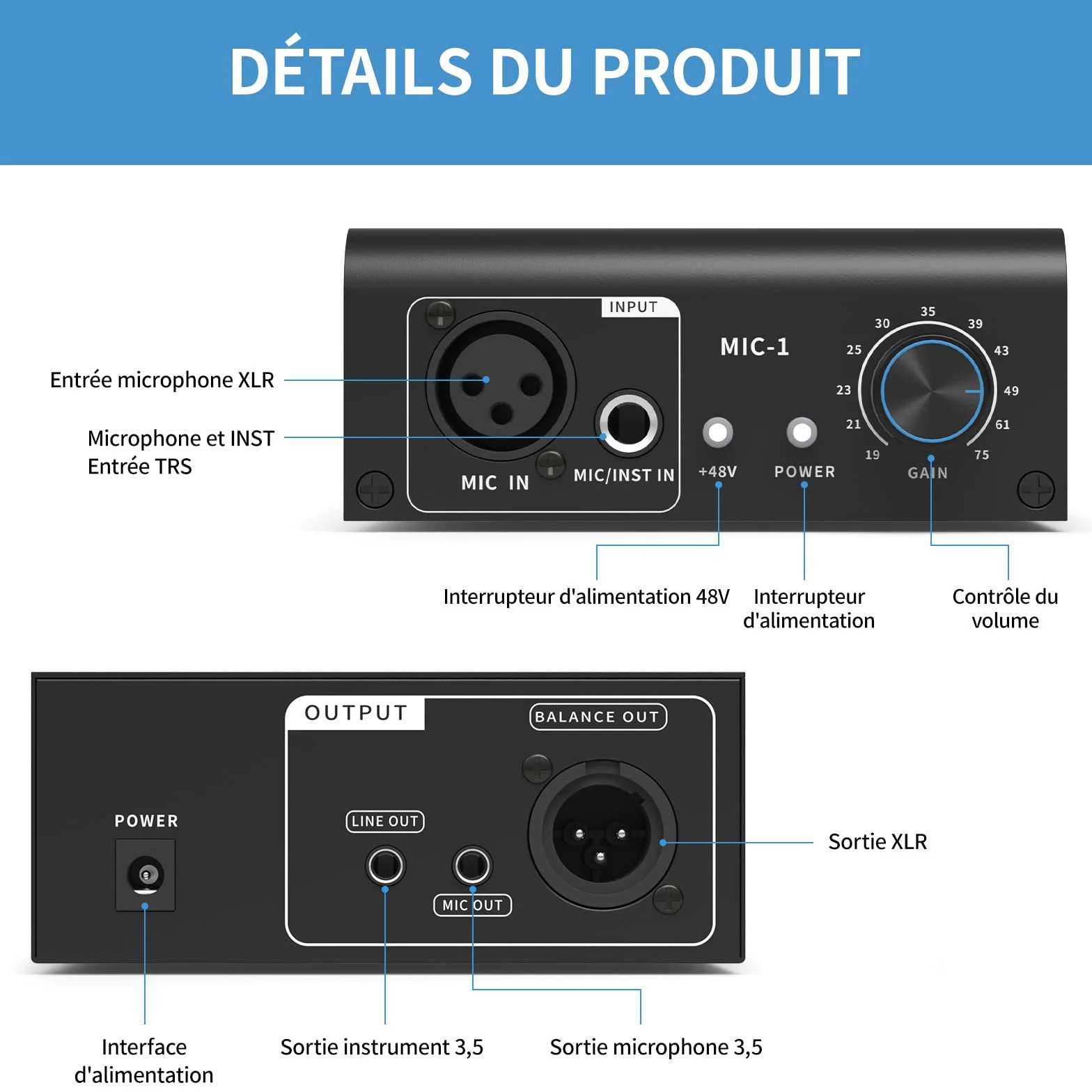 XTUGA XIC1 Préampli micro 2 entrées 75db Gain 48V Phantom Power XLR