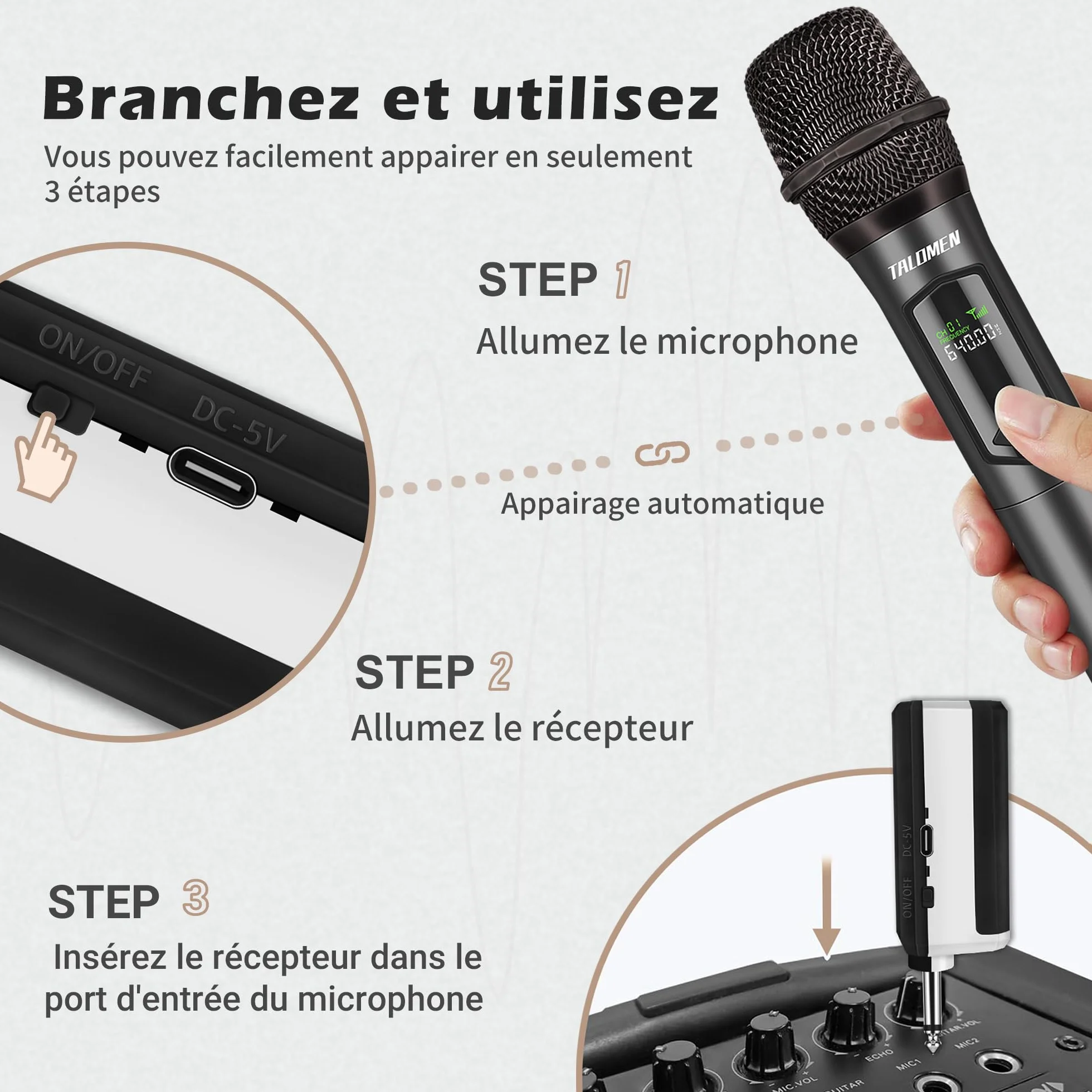 Talomen Microphone sans fil professionnel 2.4 GHz système dual micro dynamique rechargeable avec récepteur 160ft K60-2