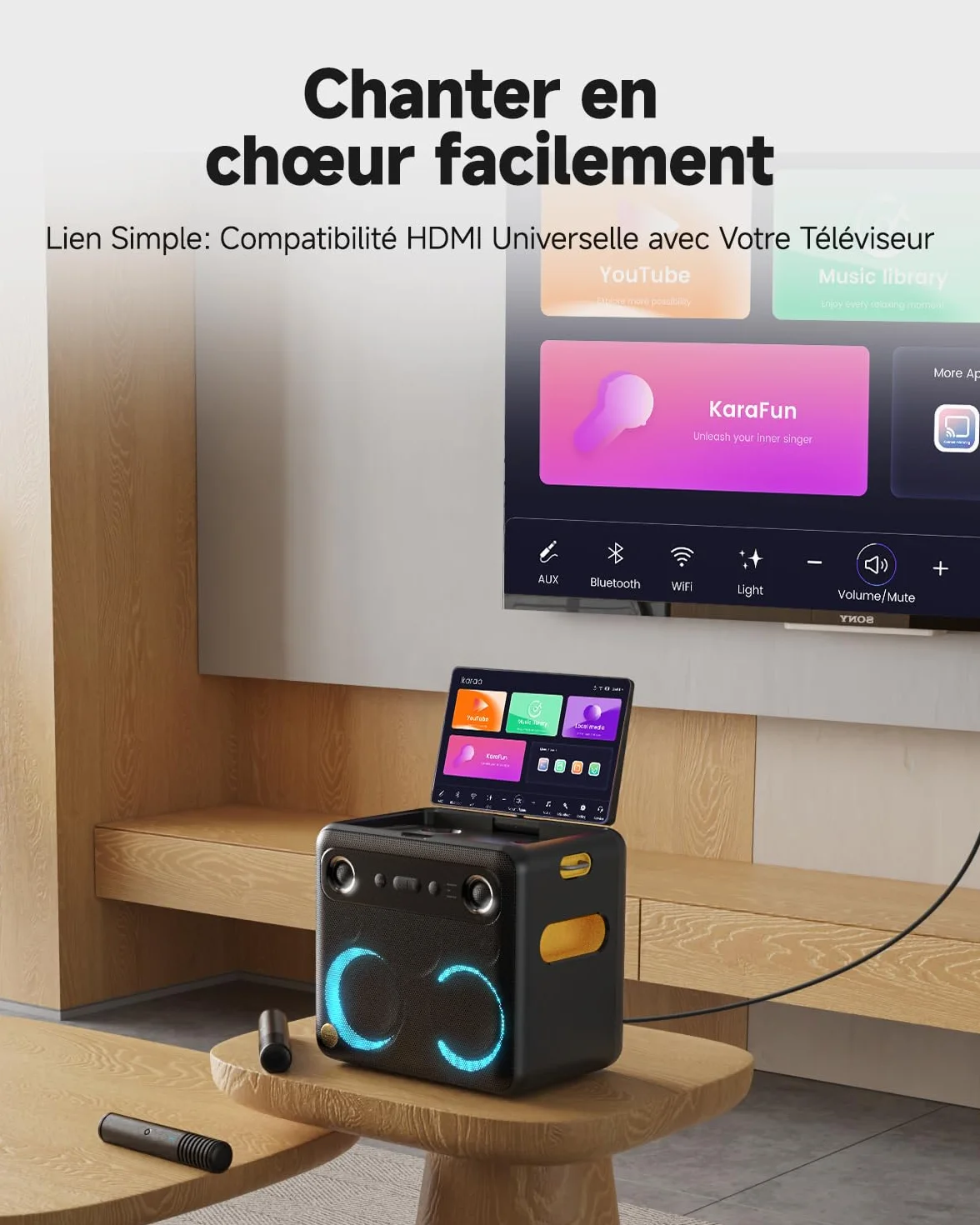 Karaoké Adulte avec Écran, Haut-Parleur Bluetooth Portable avec 2 Microphones sans Fil, Lumières LED pour Fêtes Break X2 Noir